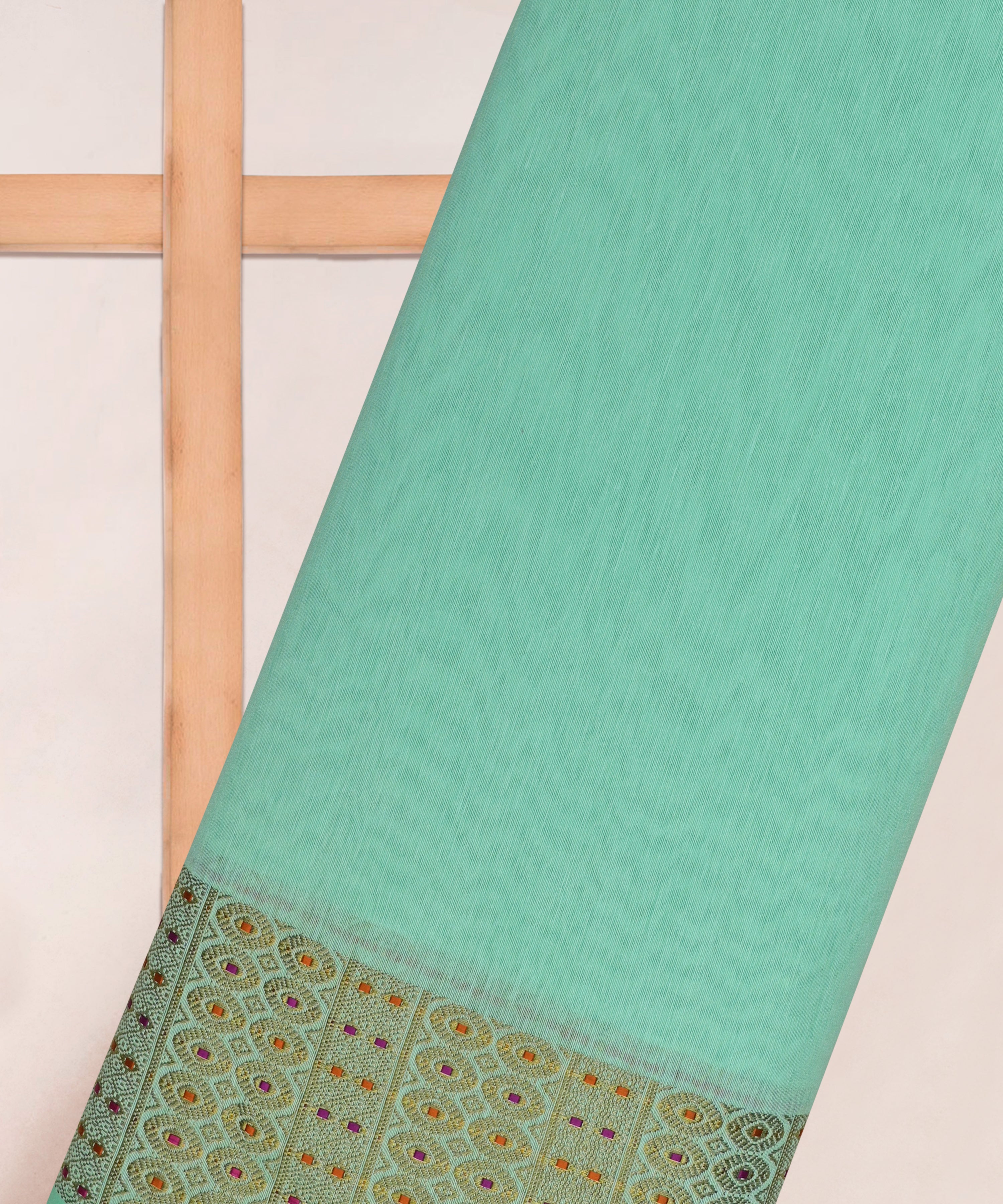 Sea Green Linen Fabric with Zari Border(cut-5.5 mtr)