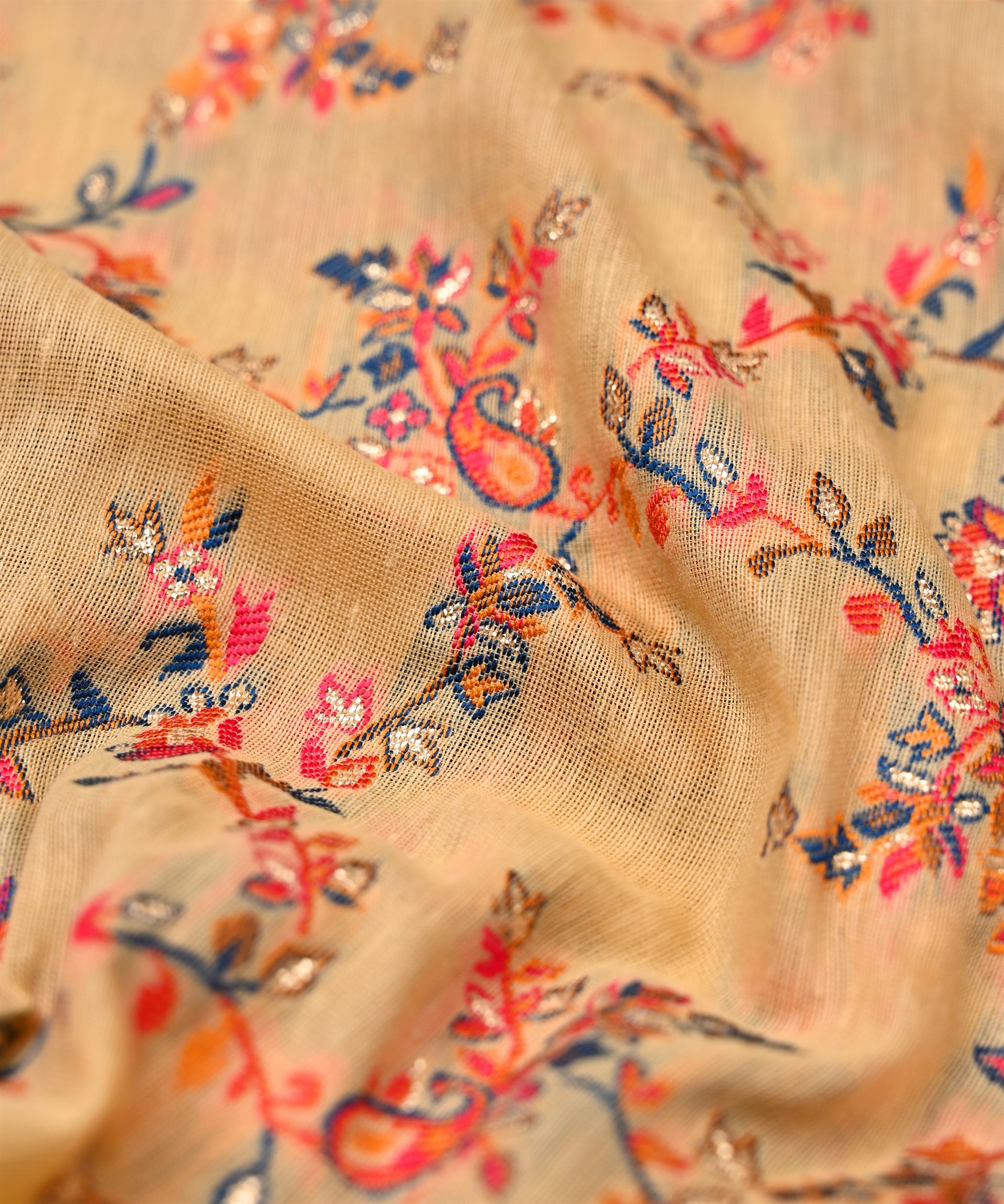 Beige Pure Chanderi Flower Vines Jacquard Fabric