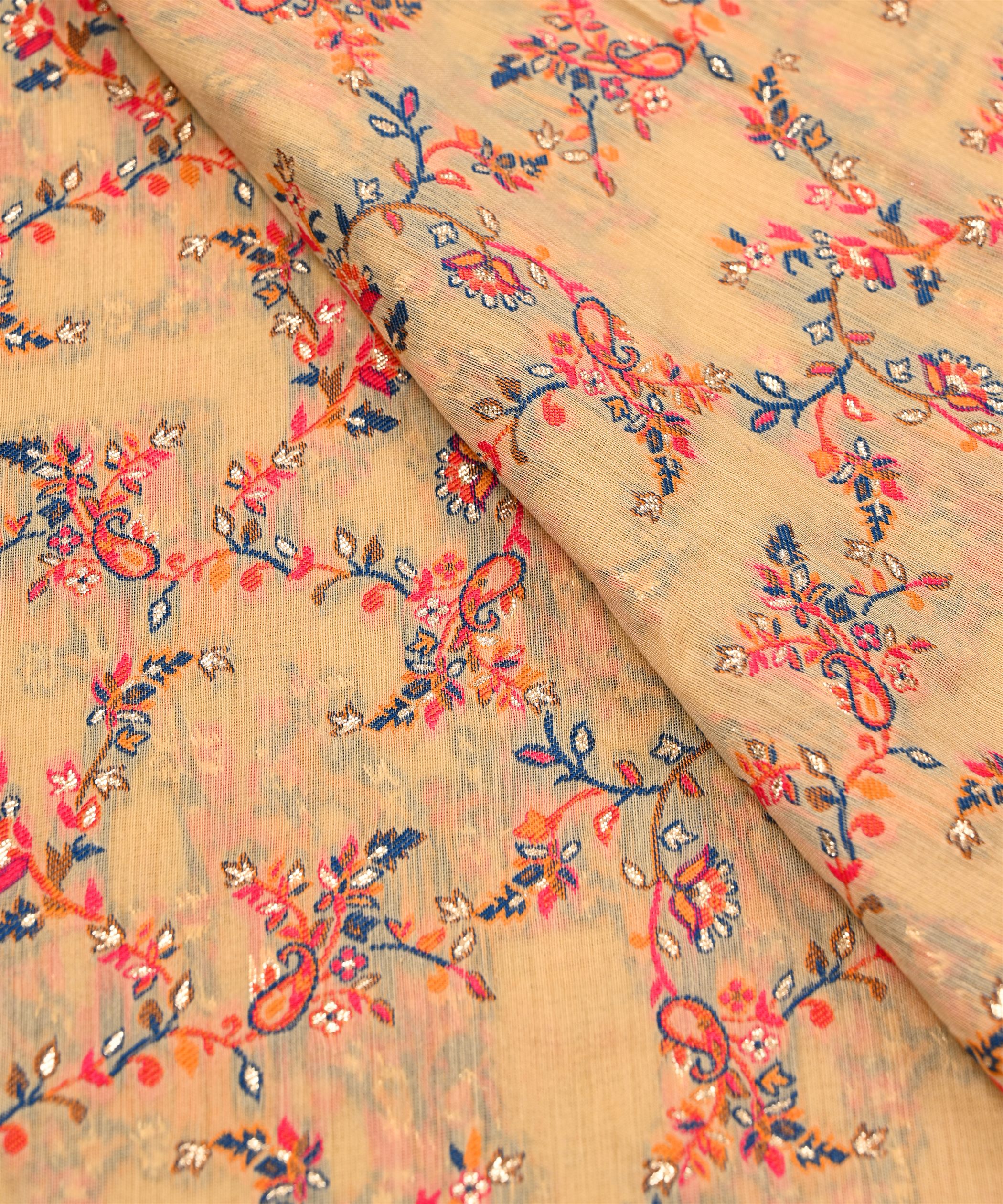 Beige Pure Chanderi Flower Vines Jacquard Fabric
