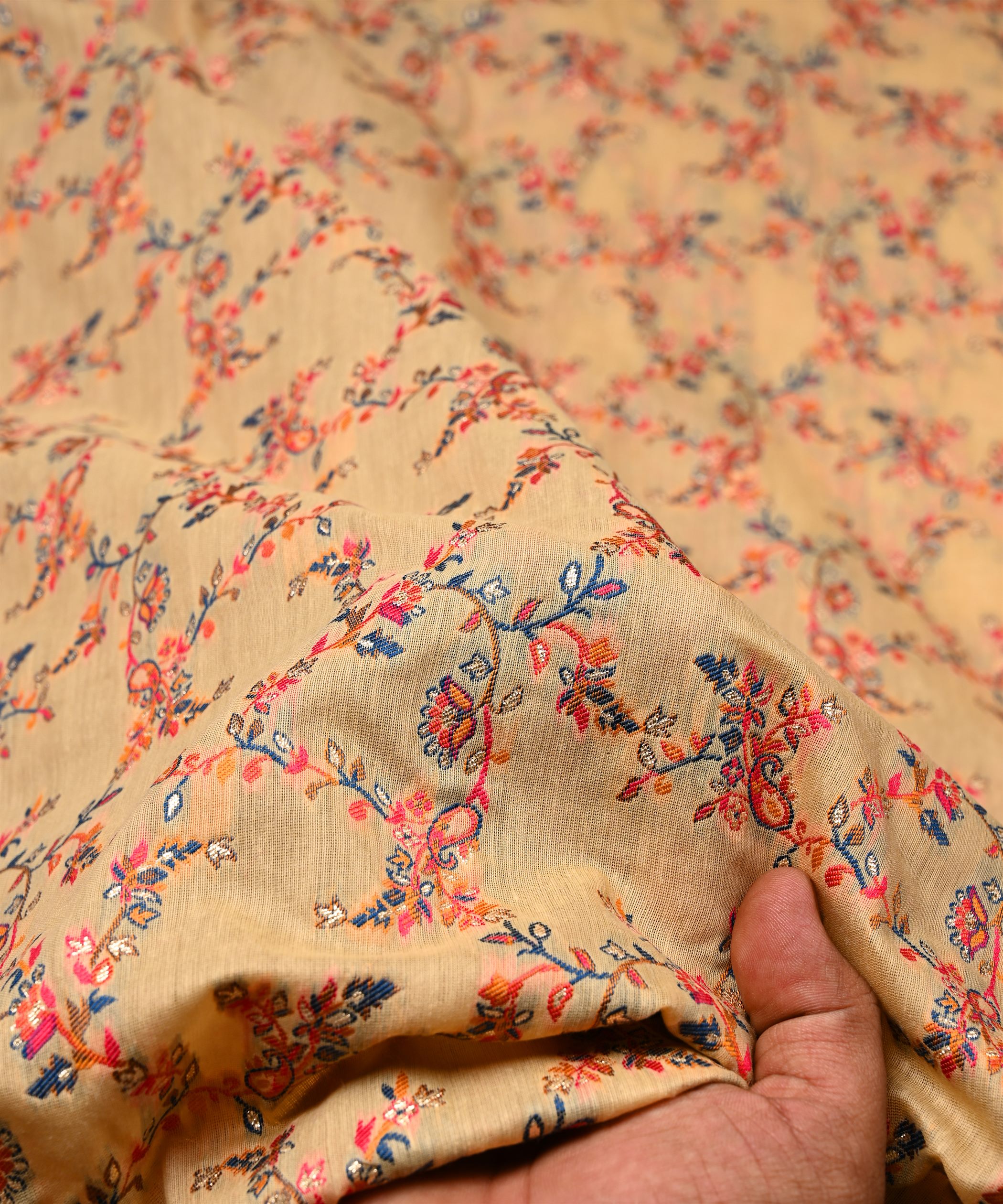 Beige Pure Chanderi Flower Vines Jacquard Fabric