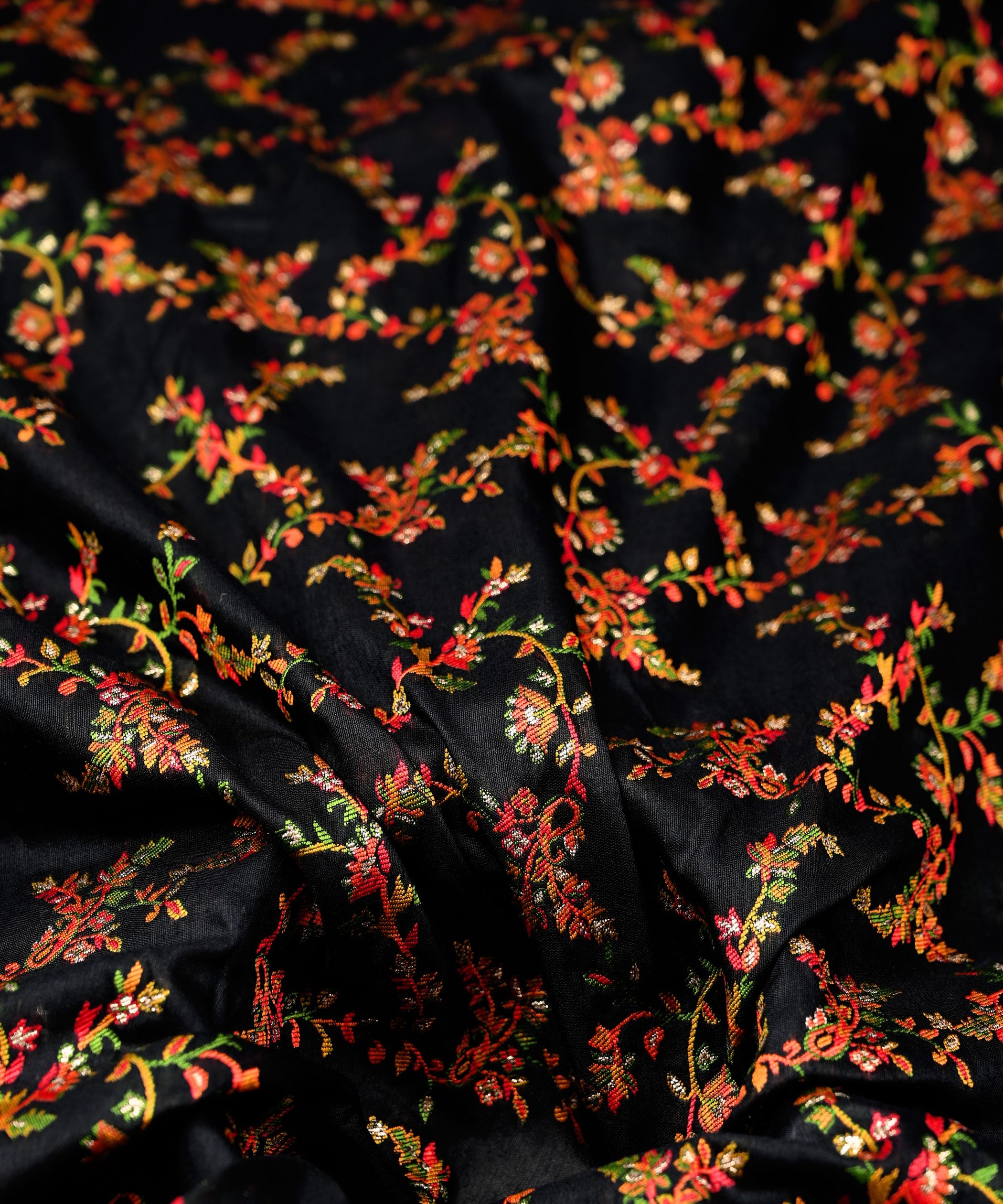 Black Pure Chanderi Flower Vines Jacquard Fabric