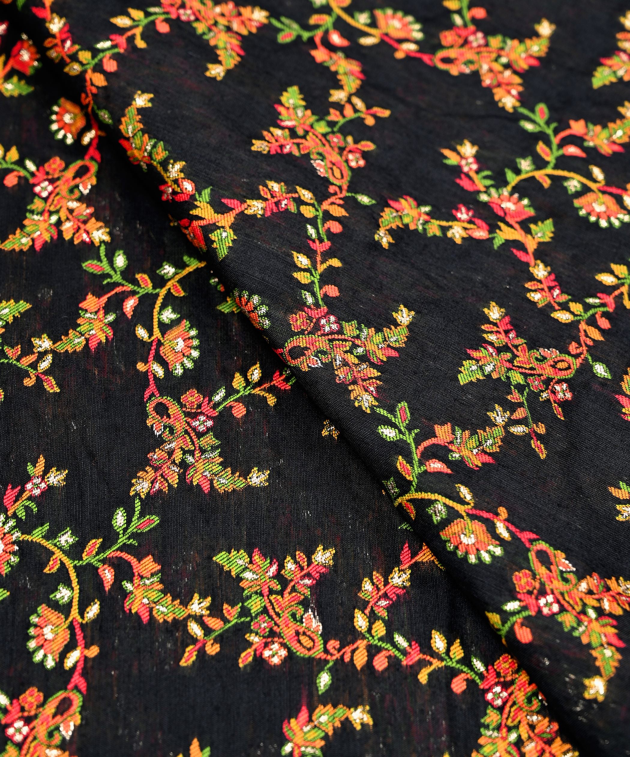 Black Pure Chanderi Flower Vines Jacquard Fabric