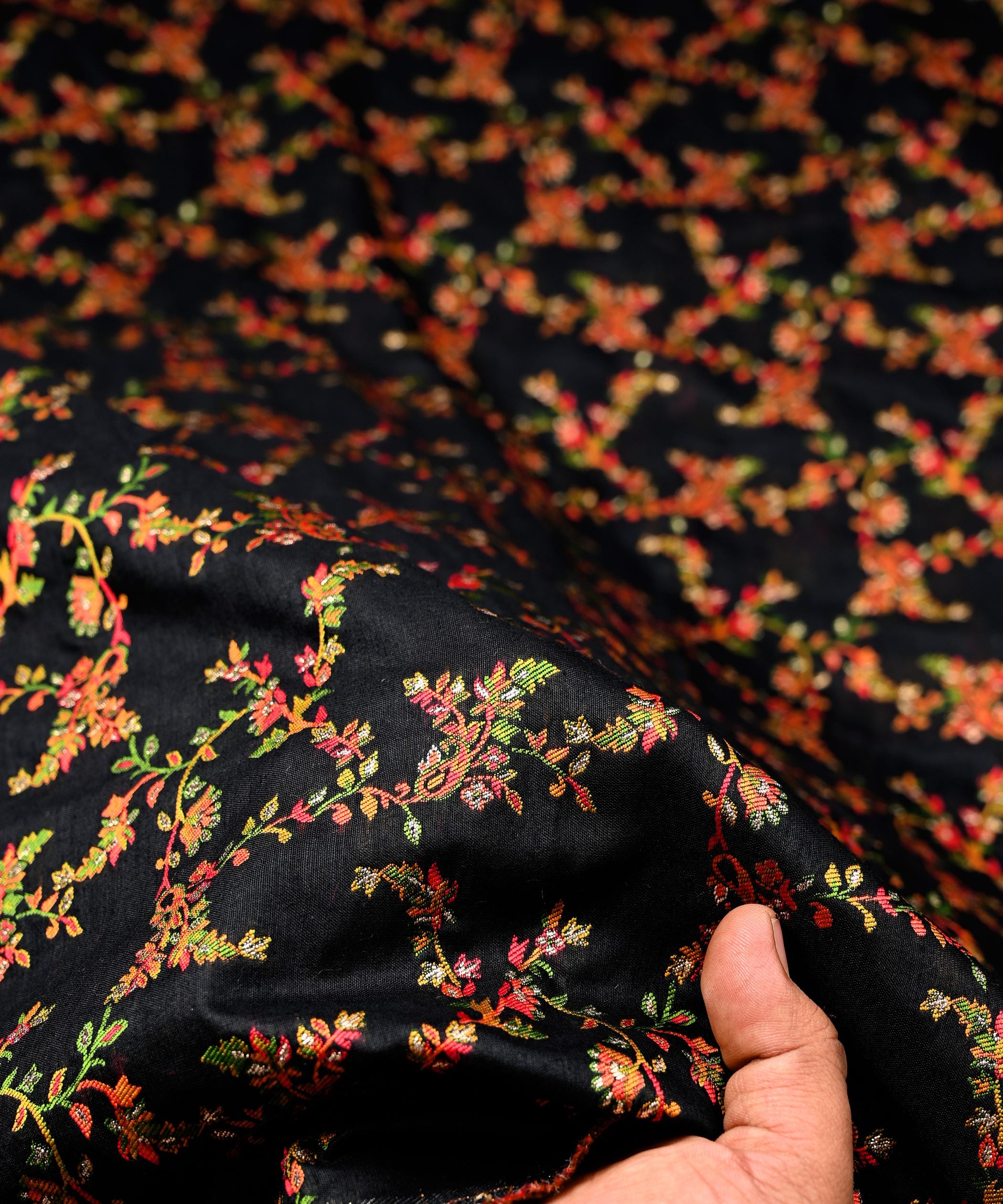 Black Pure Chanderi Flower Vines Jacquard Fabric