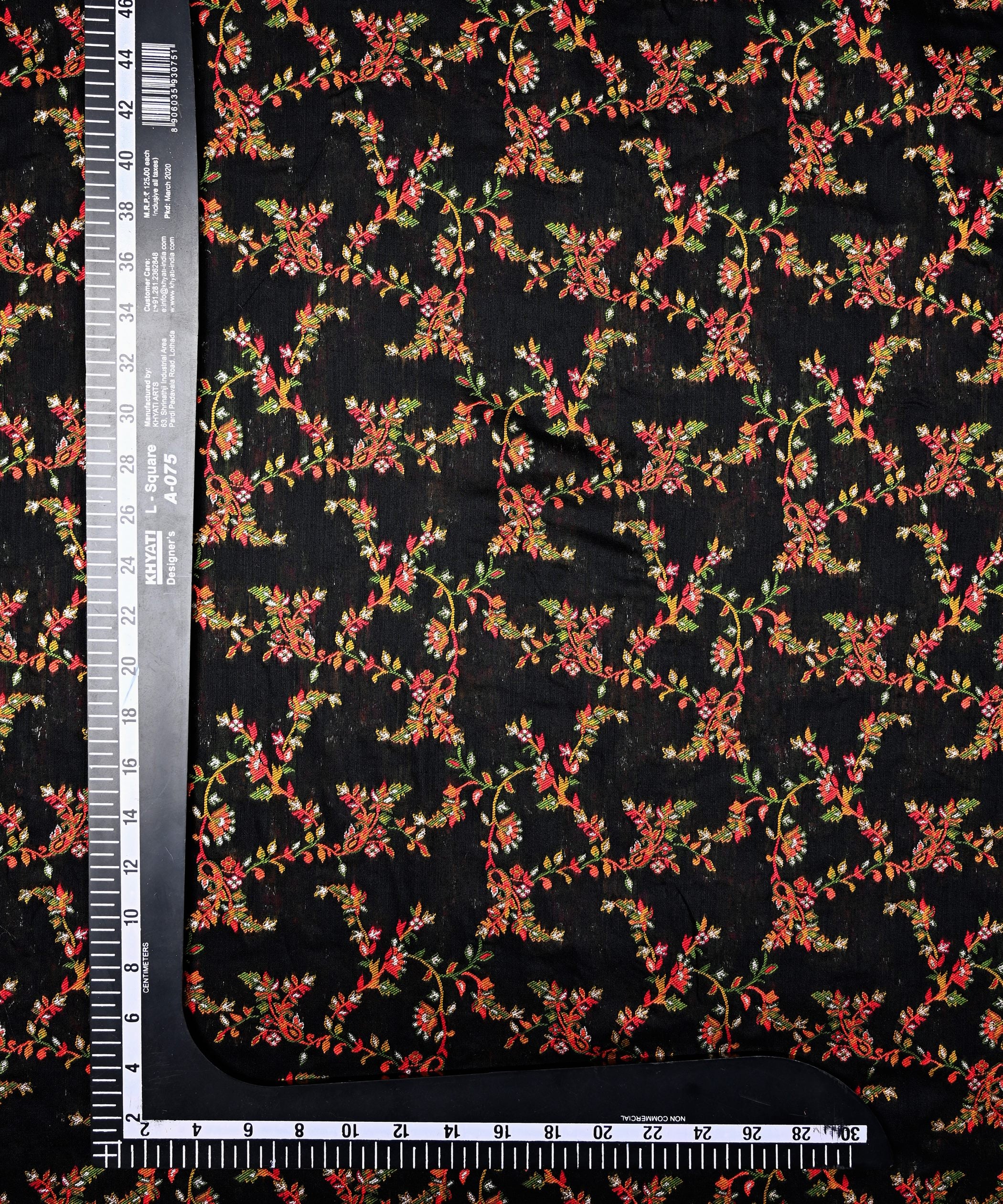 Black Pure Chanderi Flower Vines Jacquard Fabric