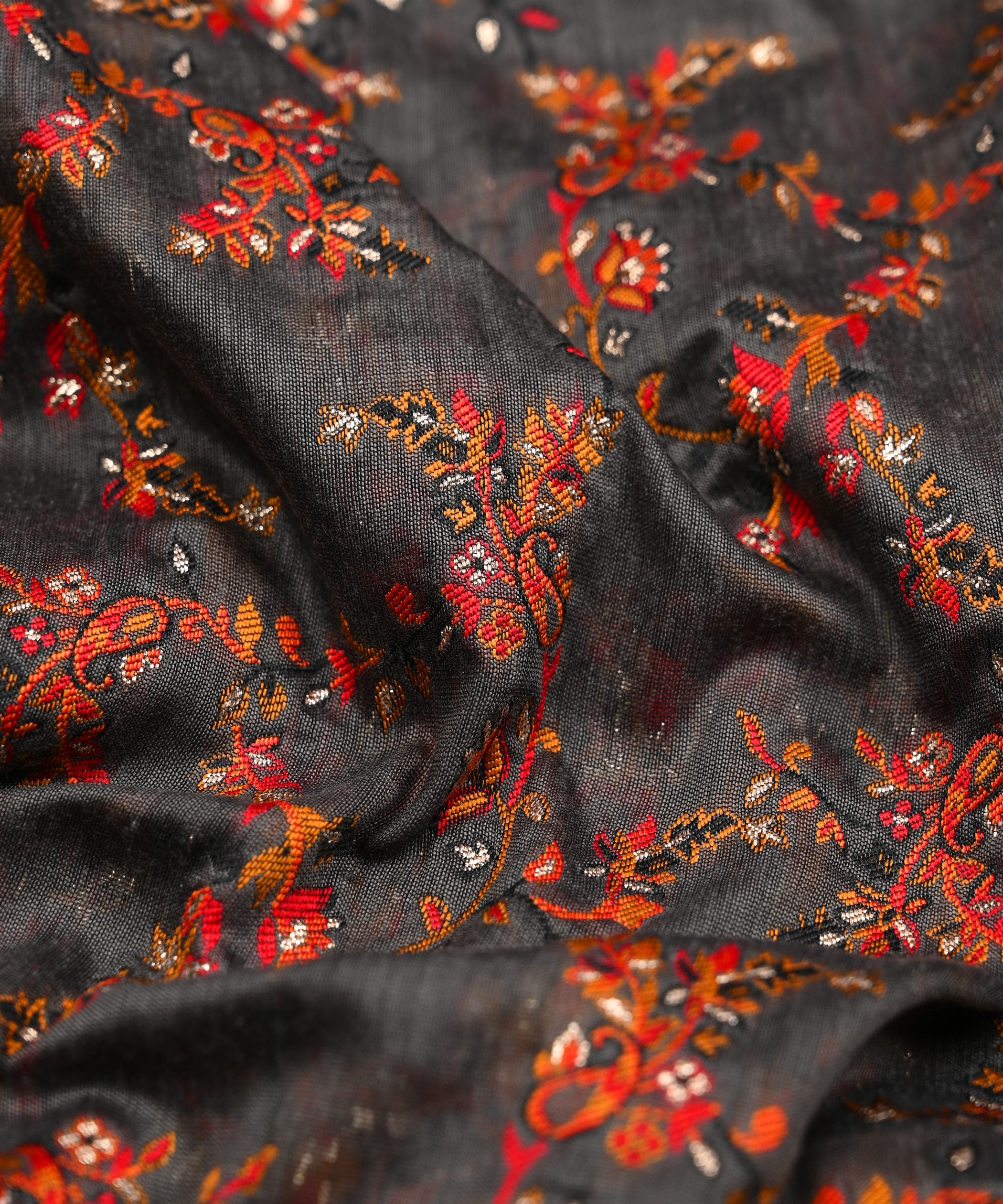 Buy Pale Black Pure Chanderi Flower Vines Jacquard Fabric Online