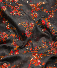 Pale Black Pure Chanderi Flower Vines Jacquard Fabric
