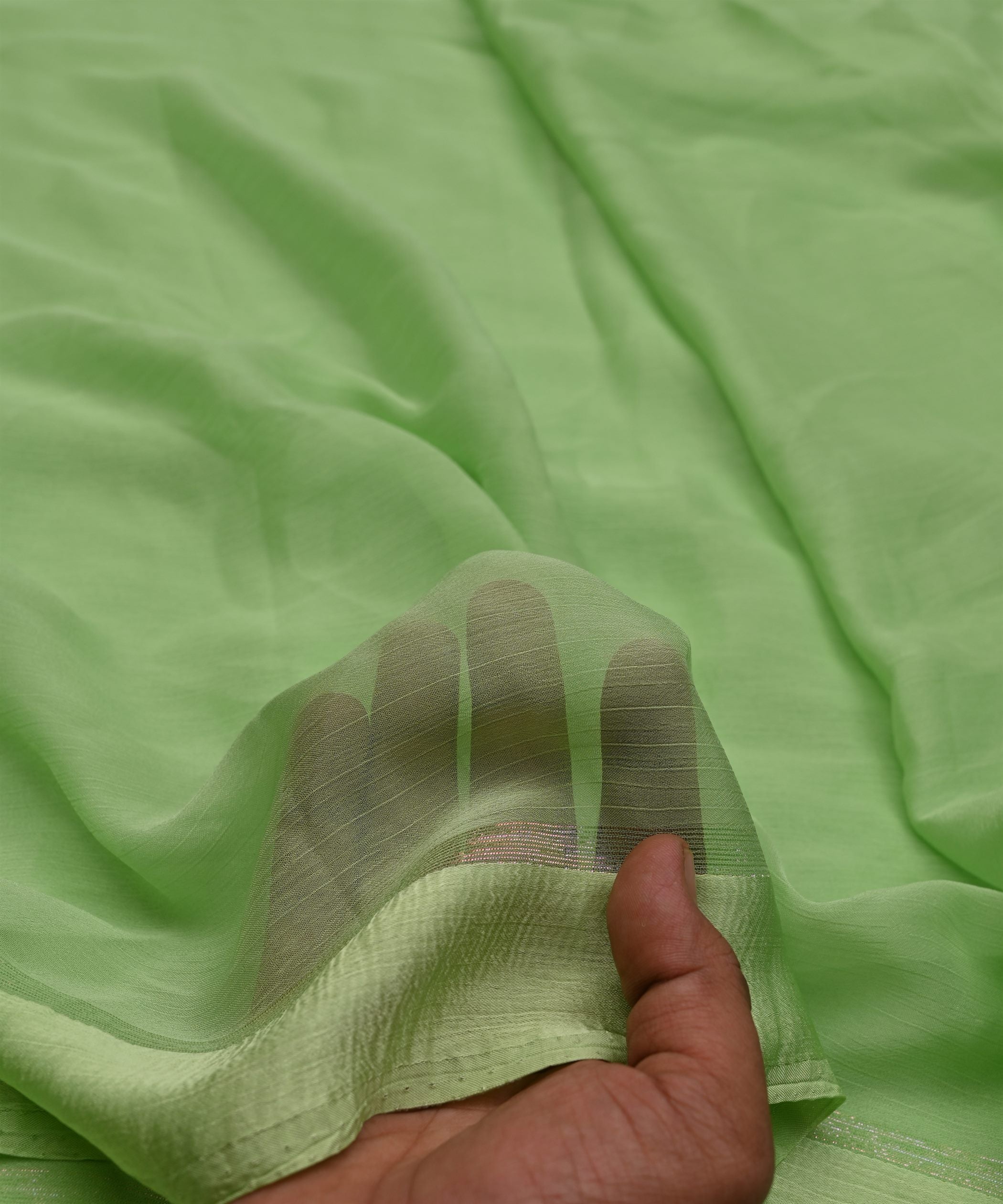 Pista Green Plain Dyed Chiffon Fabric with Satin Border
