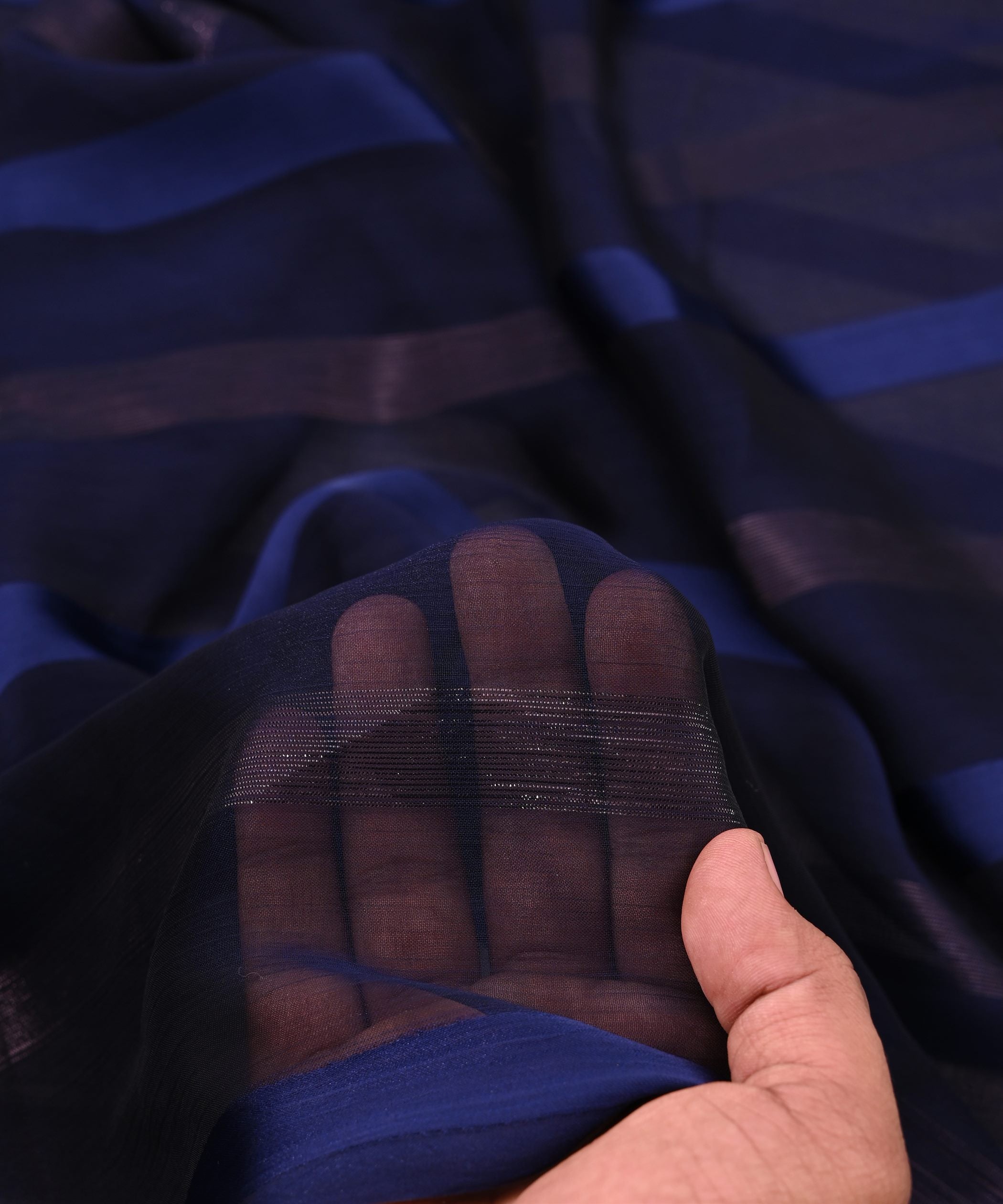 Navy Blue Chiffon Fabric with Zari and Satin Patta