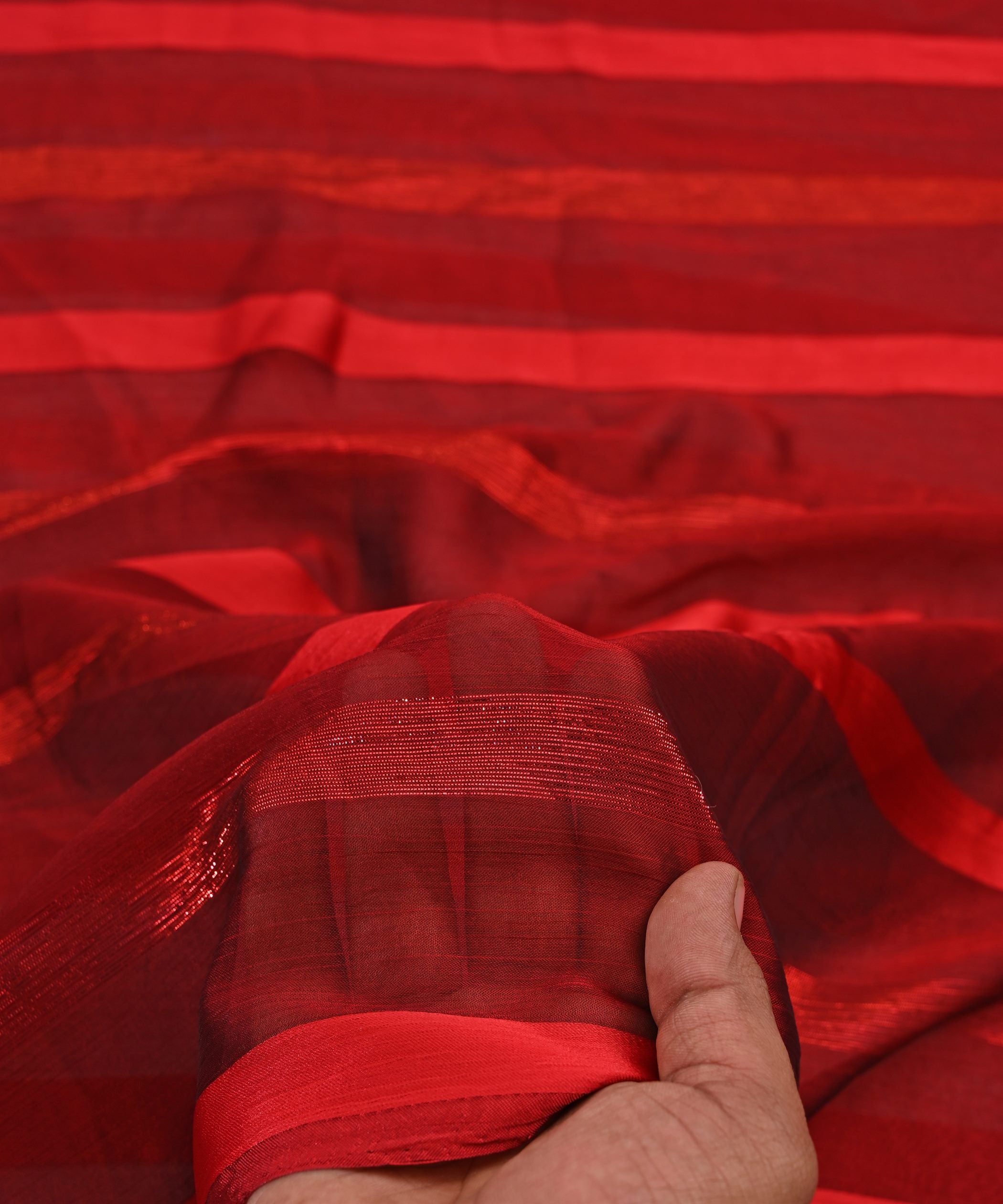 Red Chiffon Fabric with Zari and Satin Patta