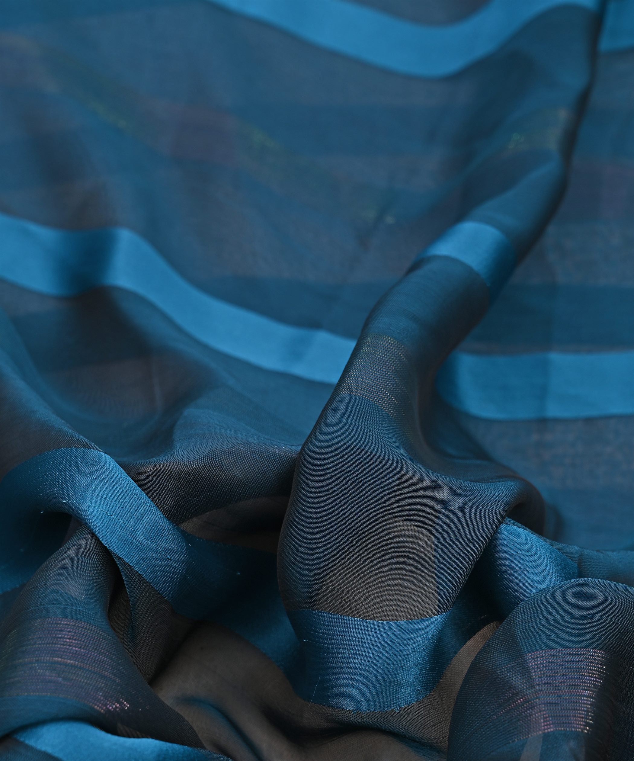Sea Blue Chiffon Fabric with Zari and Satin Patta