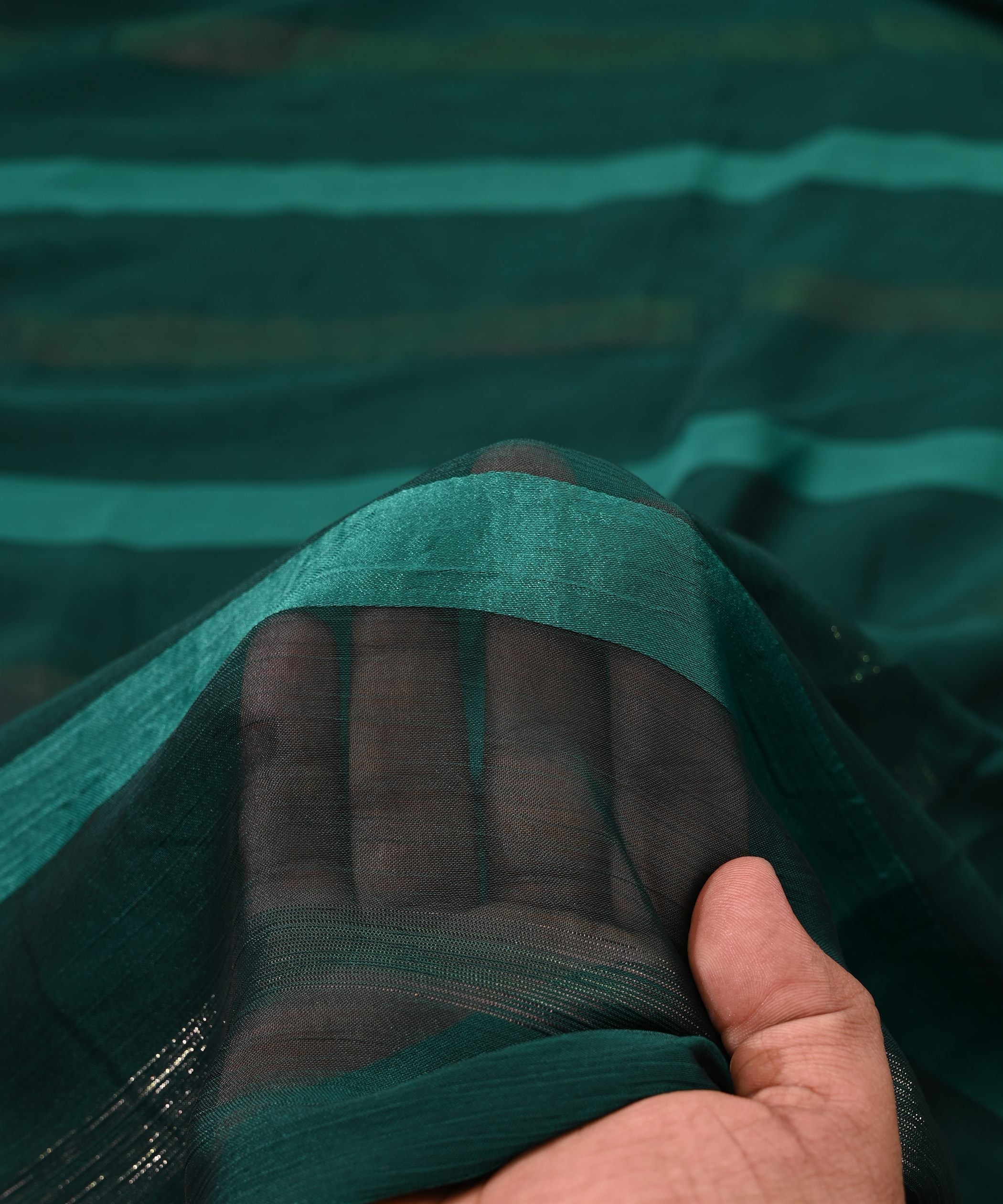 Teal Green Chiffon Fabric with Zari and Satin Patta