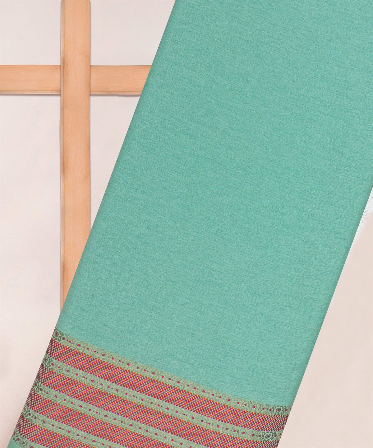 Aqua Green Cotton Linen Fabric with Border(Cut-5.5 mtr)