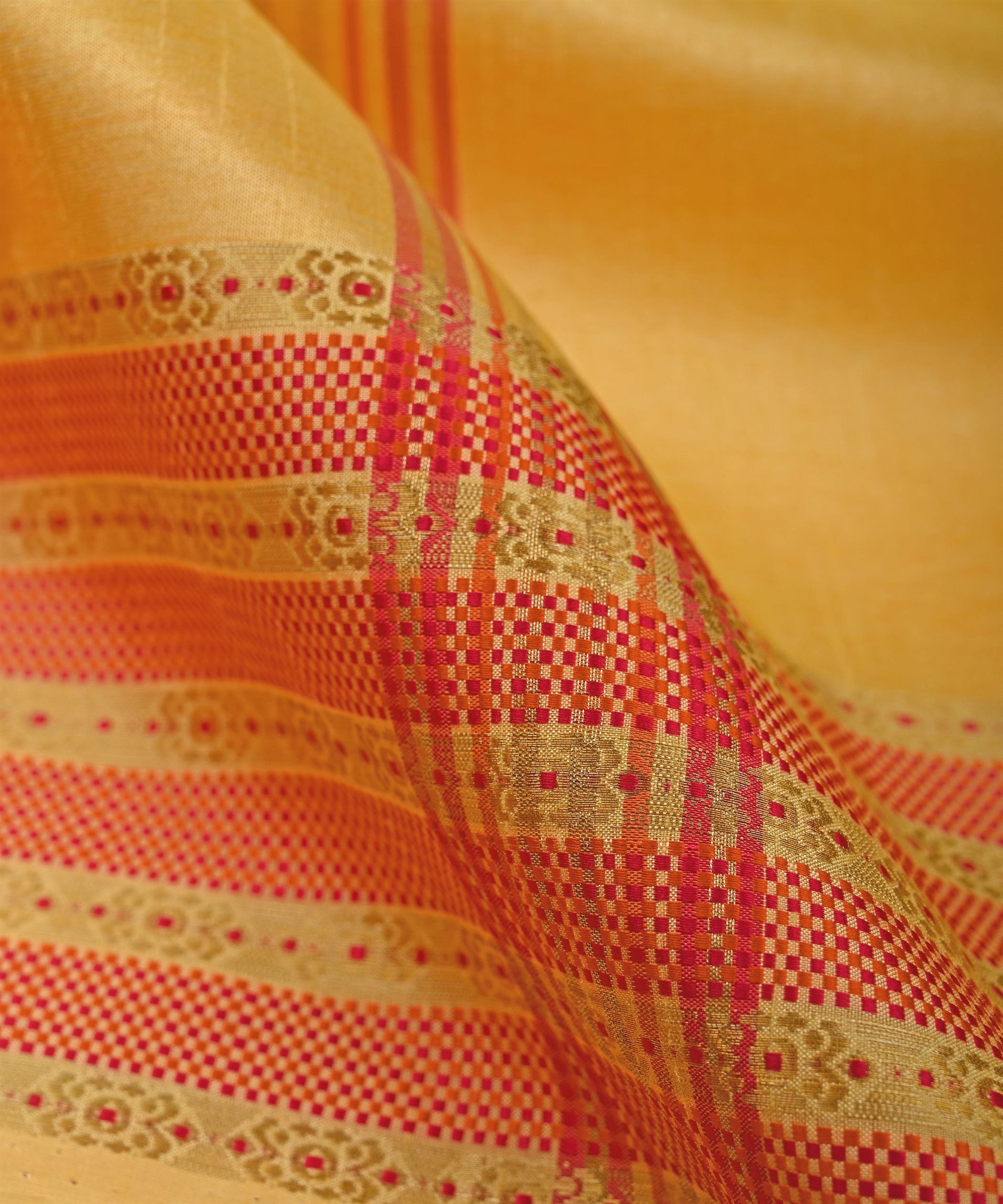Yellow Cotton Linen Fabric with Border(Cut-5.5 mtr)