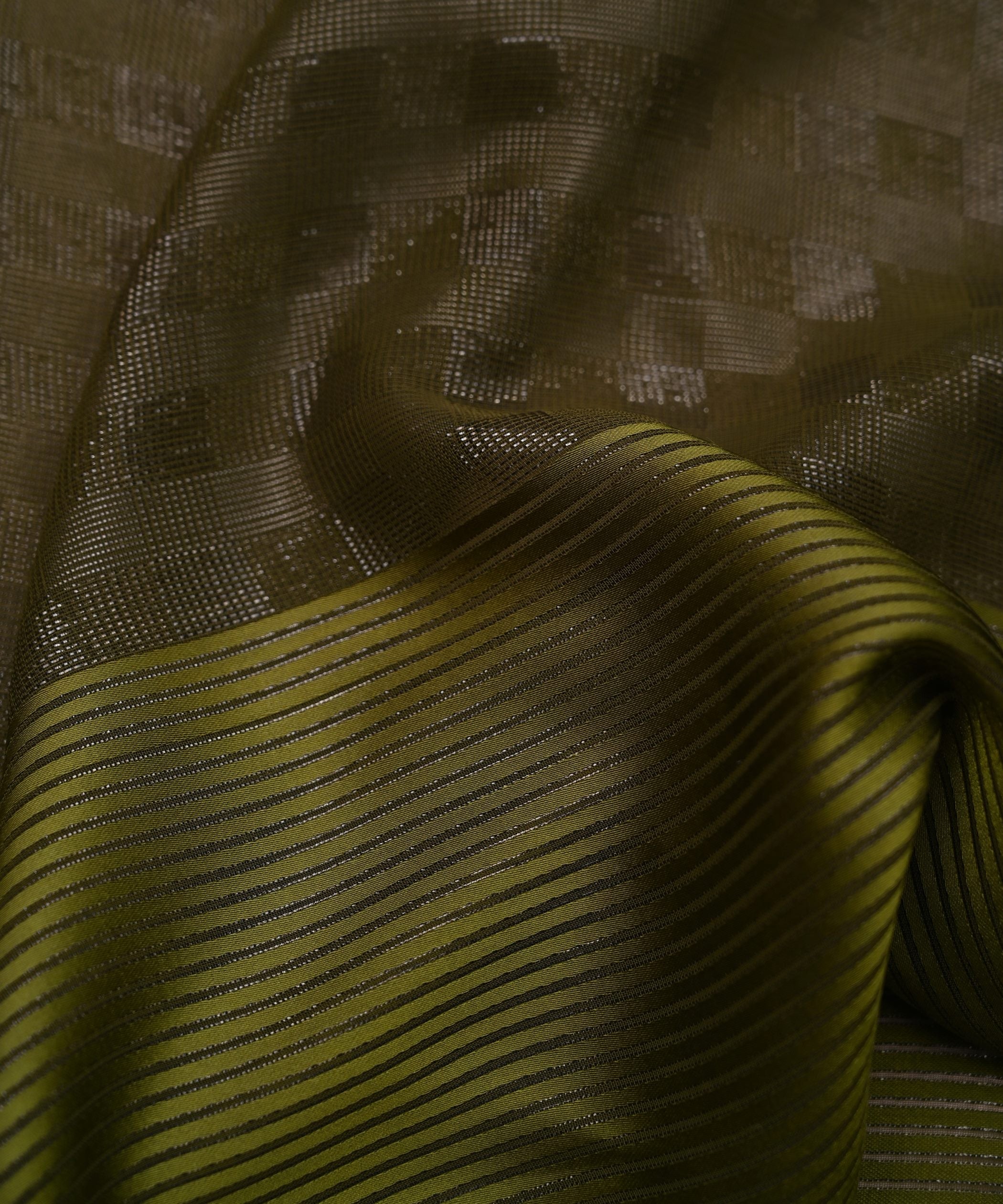 Olive Green Georgette Fabric with Zari Stripes and Satin Border