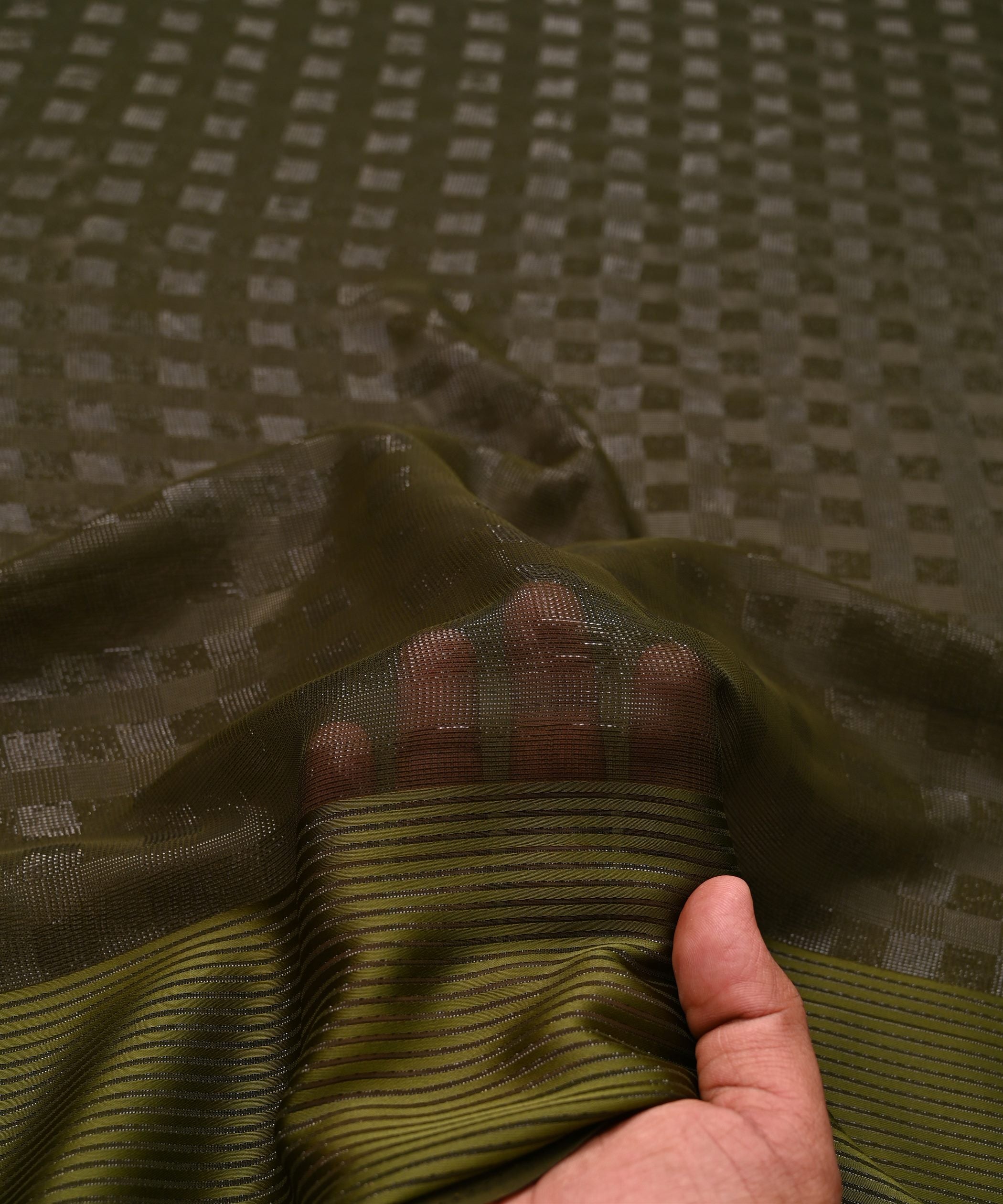 Olive Green Georgette Fabric with Zari Stripes and Satin Border