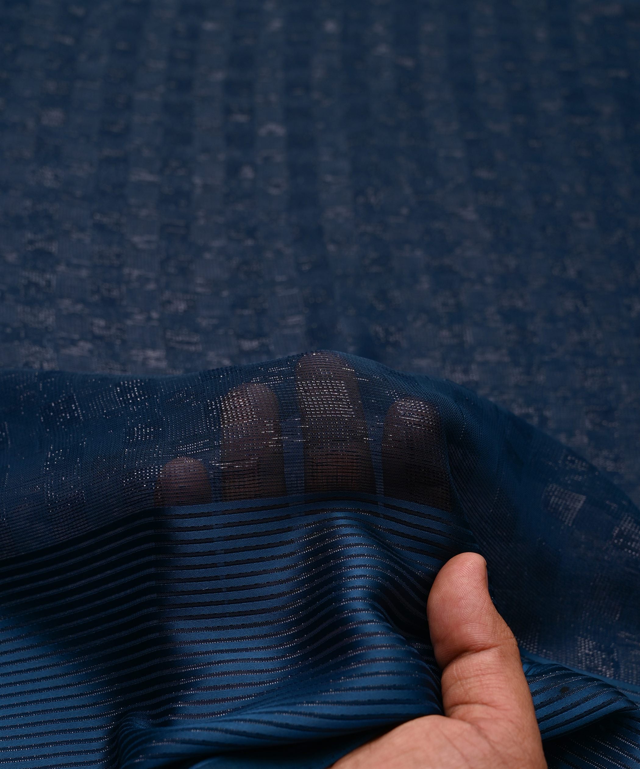 Teal Georgette Fabric with Zari Stripes and Satin Border