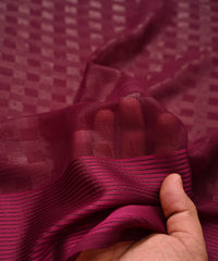 Wine Georgette Fabric with Zari Stripes and Satin Border