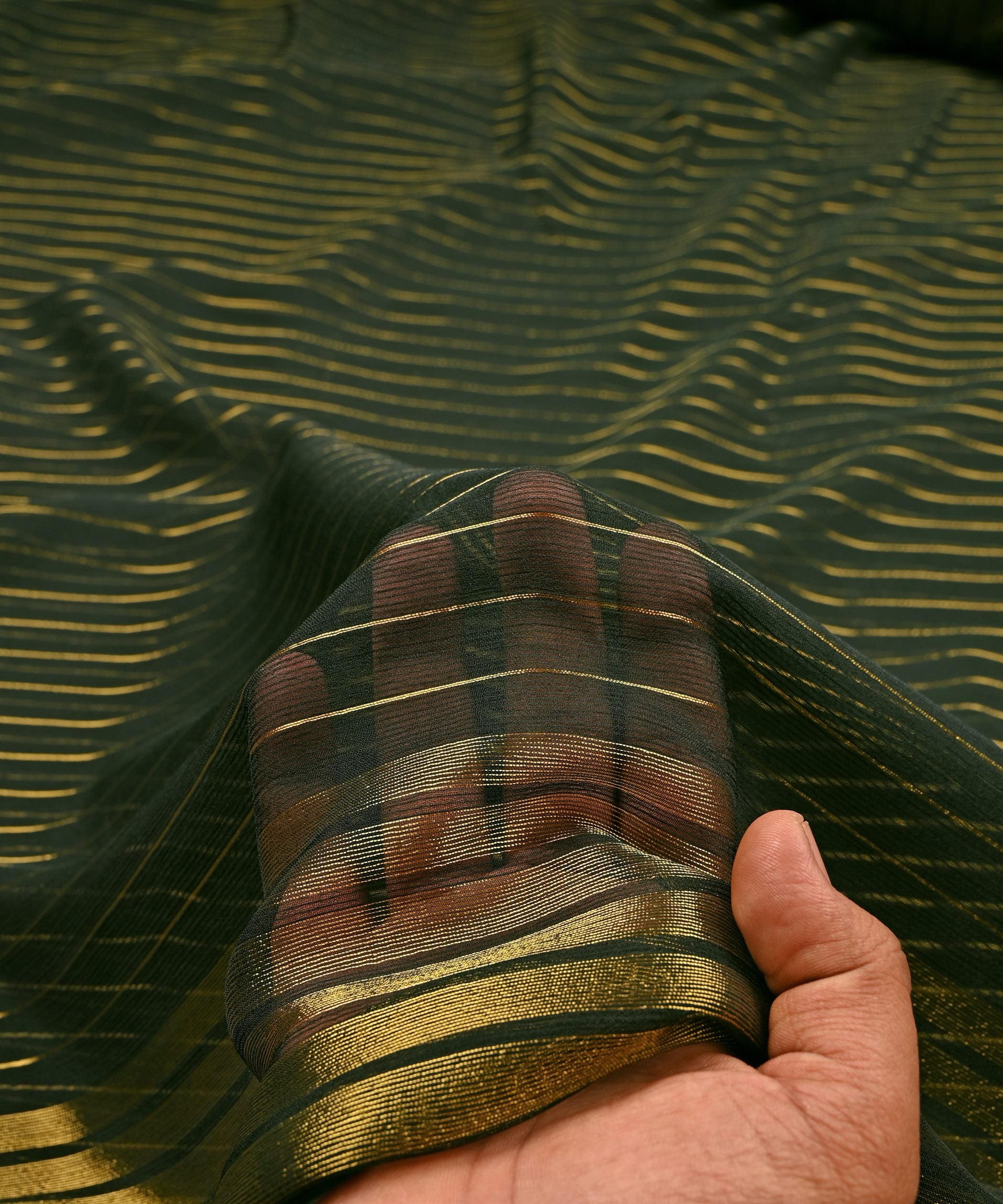 Dark Green Chiffon Fabric with Zari Lining