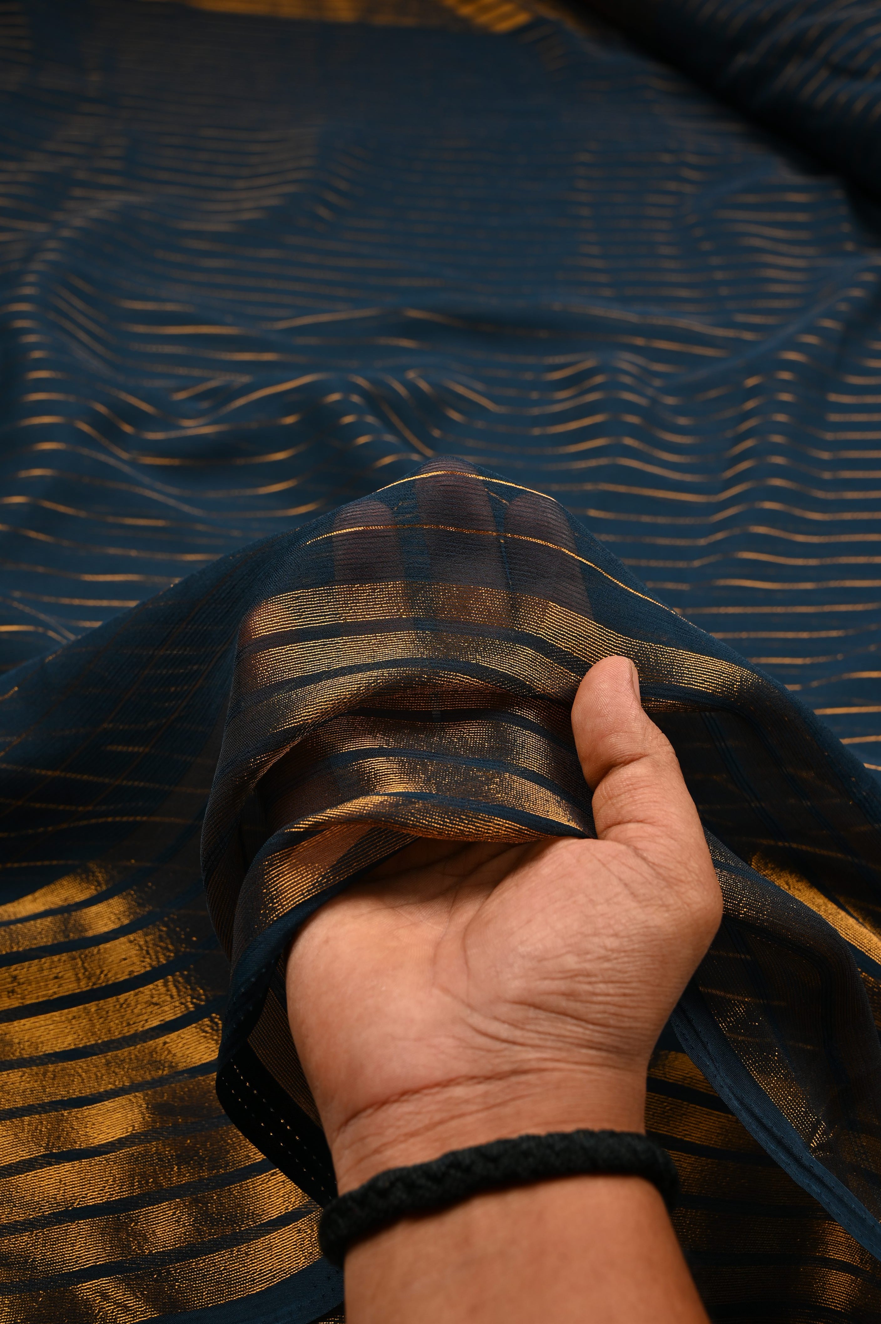 Navy Blue Chiffon Fabric with Zari Lining