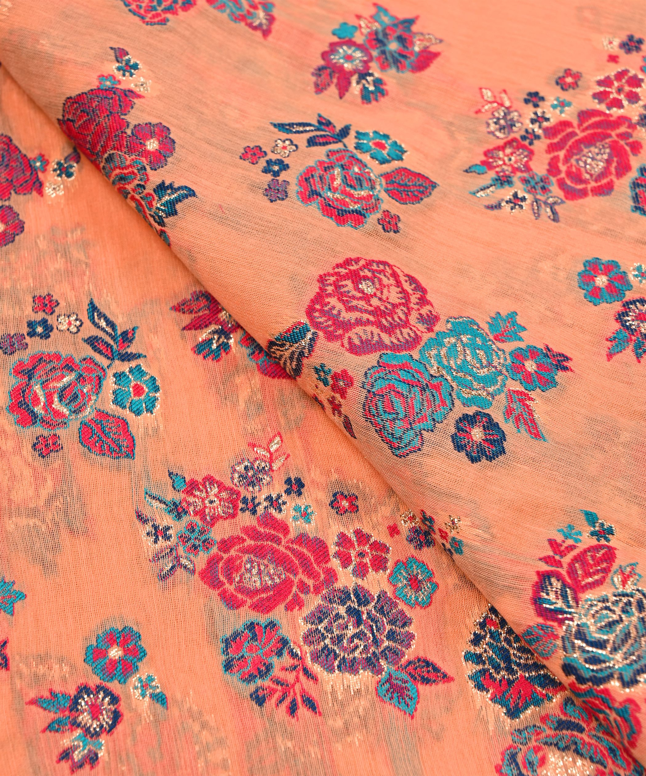Dark Peach Pure Chanderi Flower Bunch Jacquard Fabric
