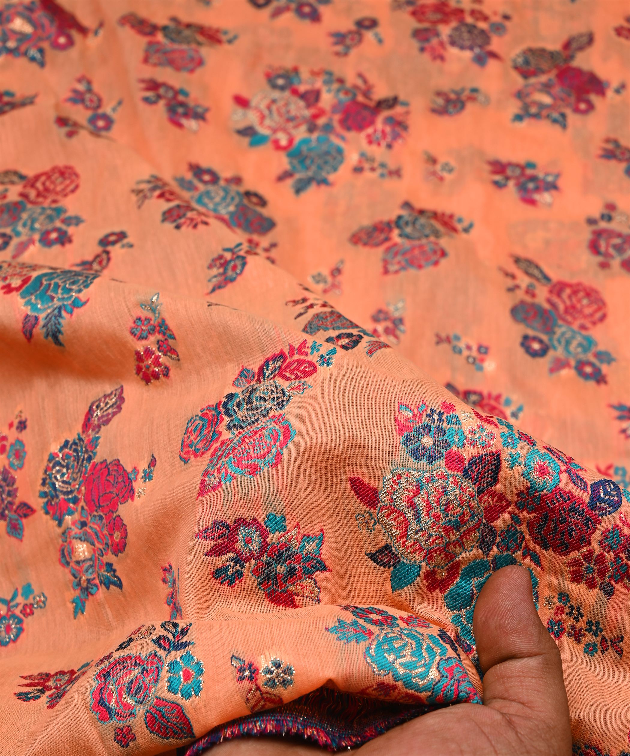 Dark Peach Pure Chanderi Flower Bunch Jacquard Fabric