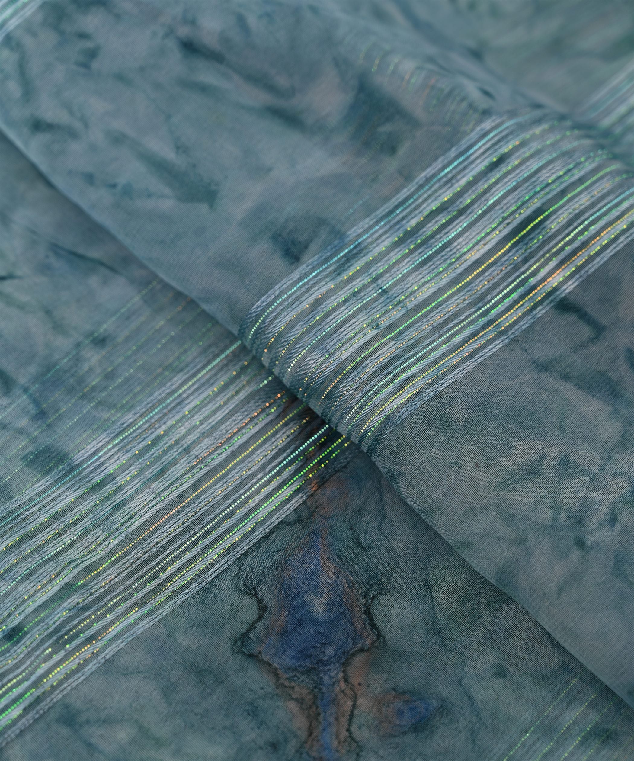 Blue Georgette Fabric with Satin Stripes and Shibori
