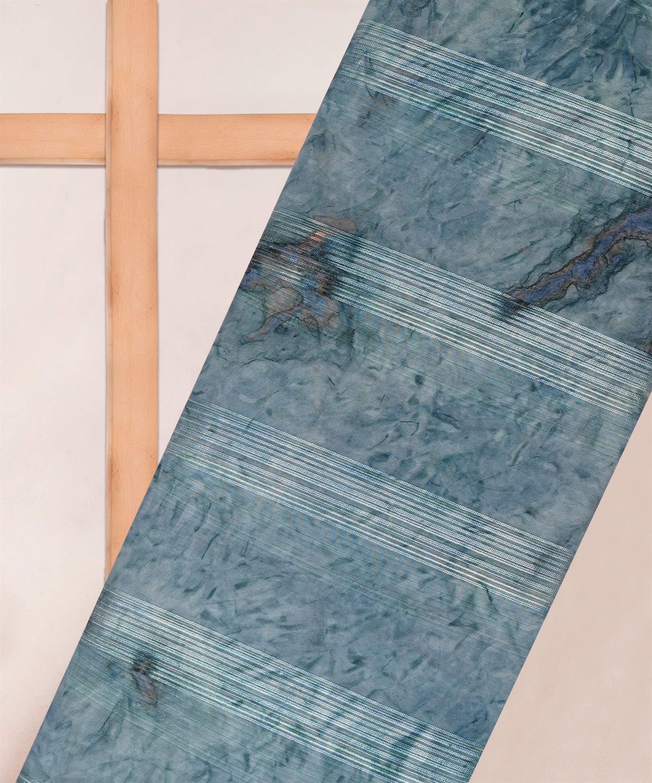 Blue Georgette Fabric with Satin Stripes and Shibori