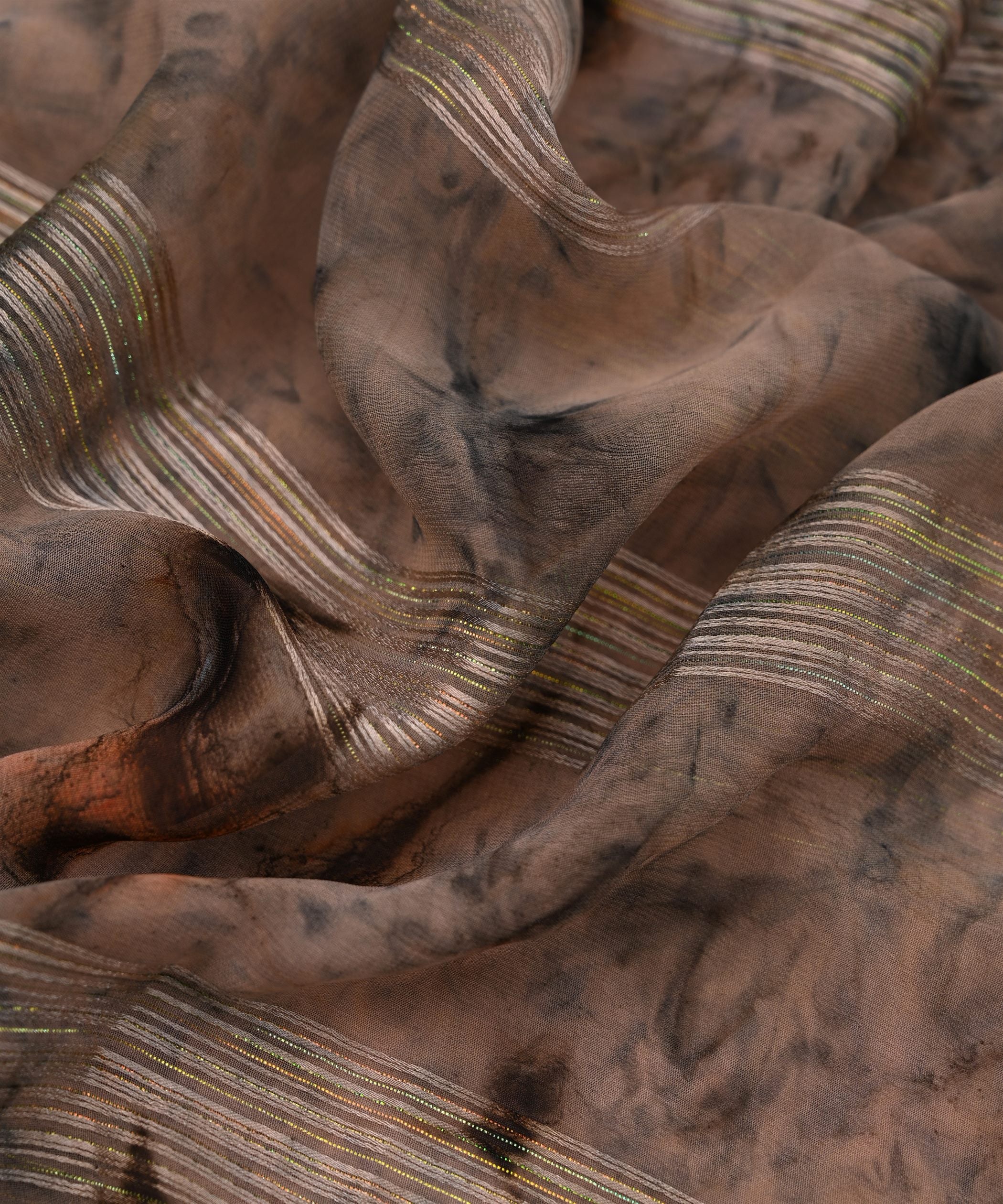 Coffee Brown Georgette Fabric with Satin Stripes and Shibori