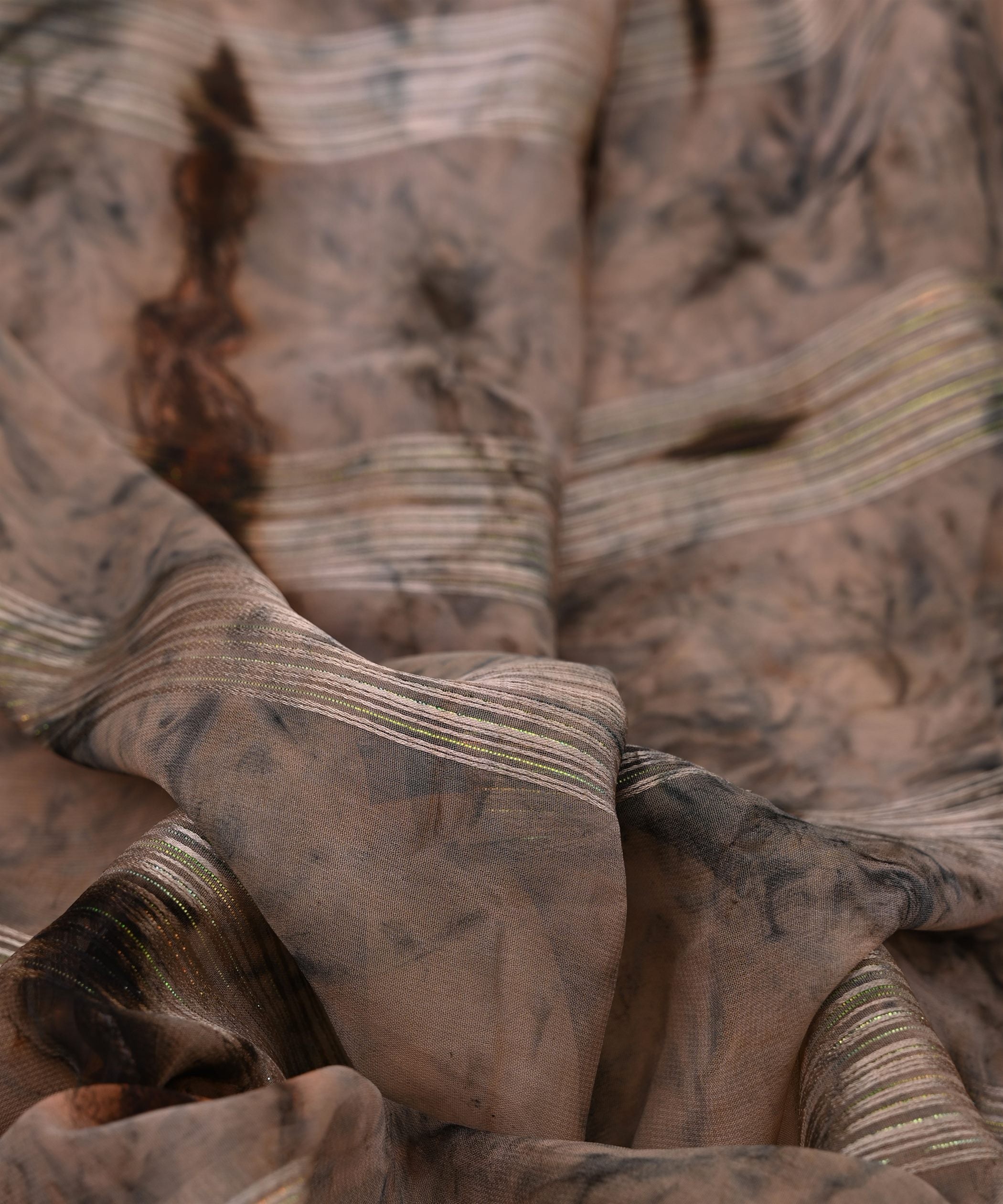 Coffee Brown Georgette Fabric with Satin Stripes and Shibori