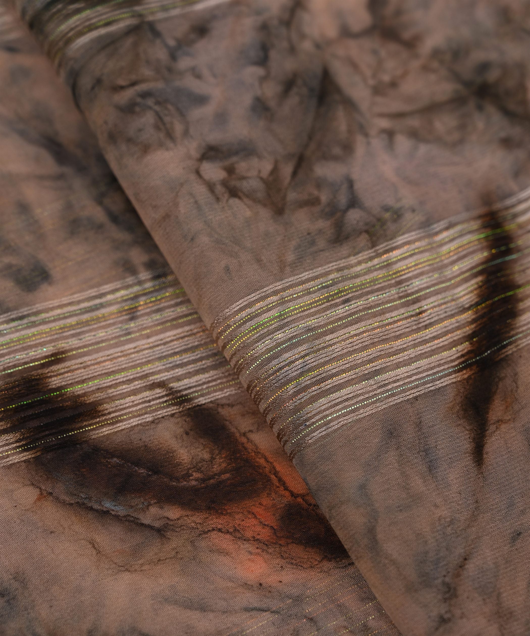 Coffee Brown Georgette Fabric with Satin Stripes and Shibori