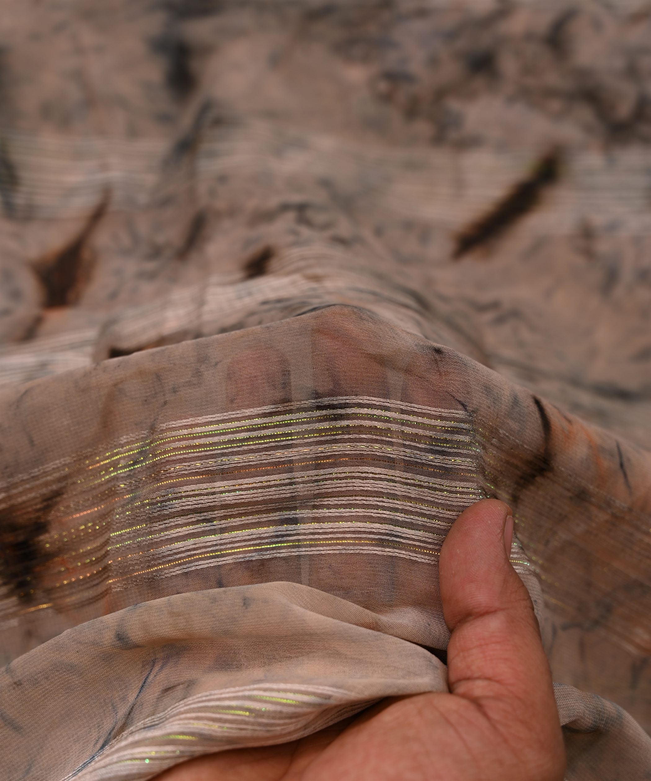 Coffee Brown Georgette Fabric with Satin Stripes and Shibori