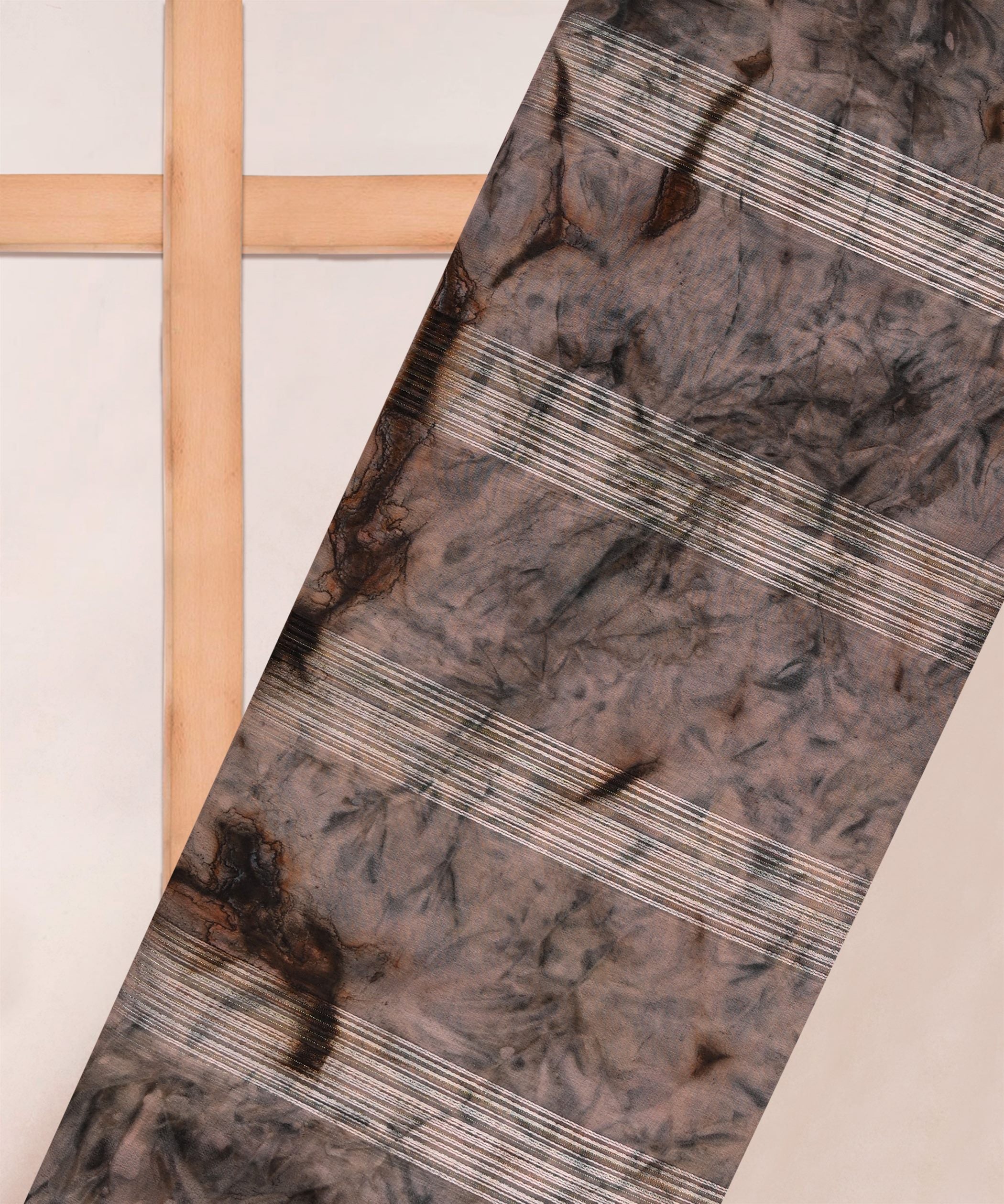 Coffee Brown Georgette Fabric with Satin Stripes and Shibori