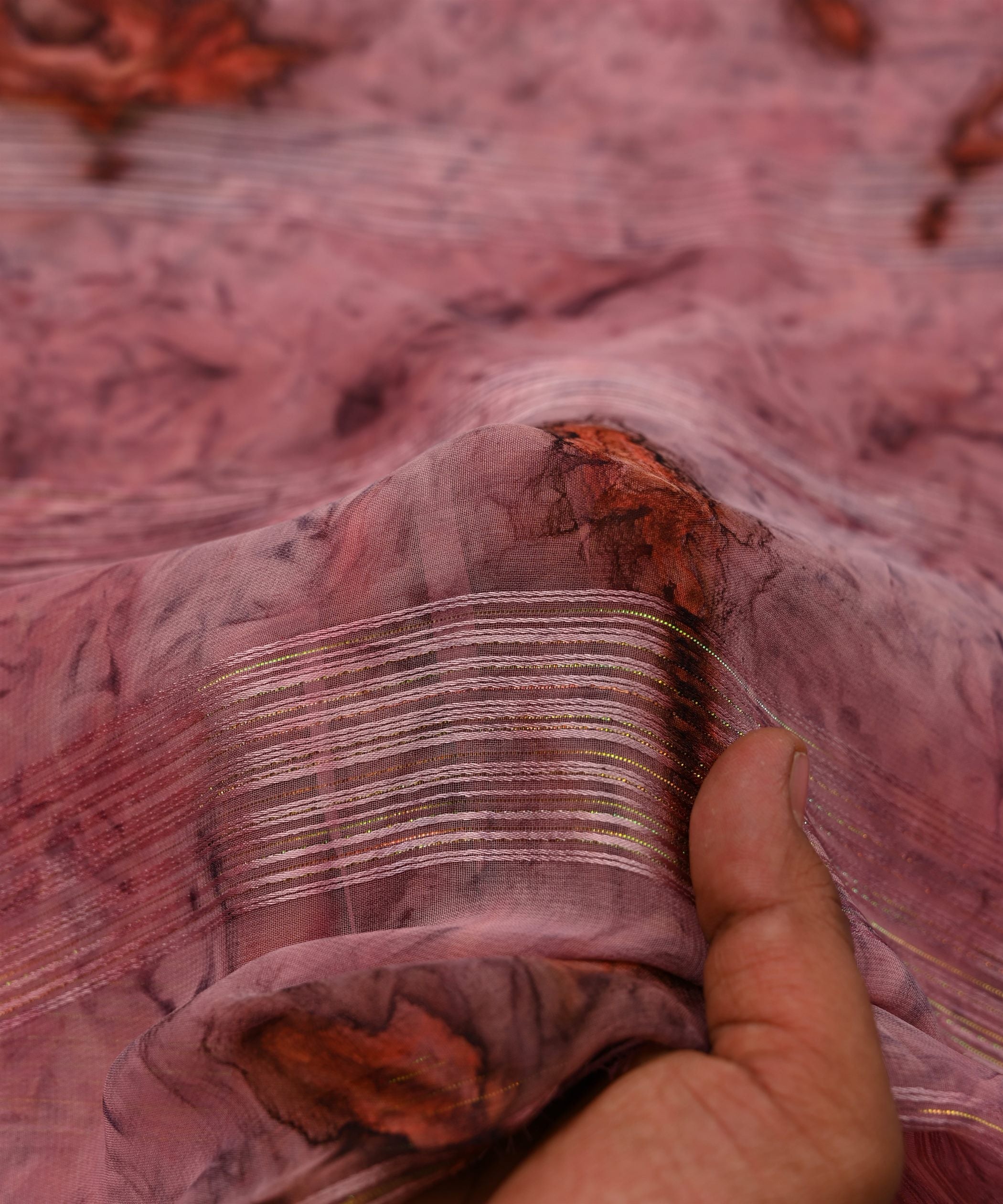 Dusty Pink Georgette Fabric with Satin Stripes and Shibori