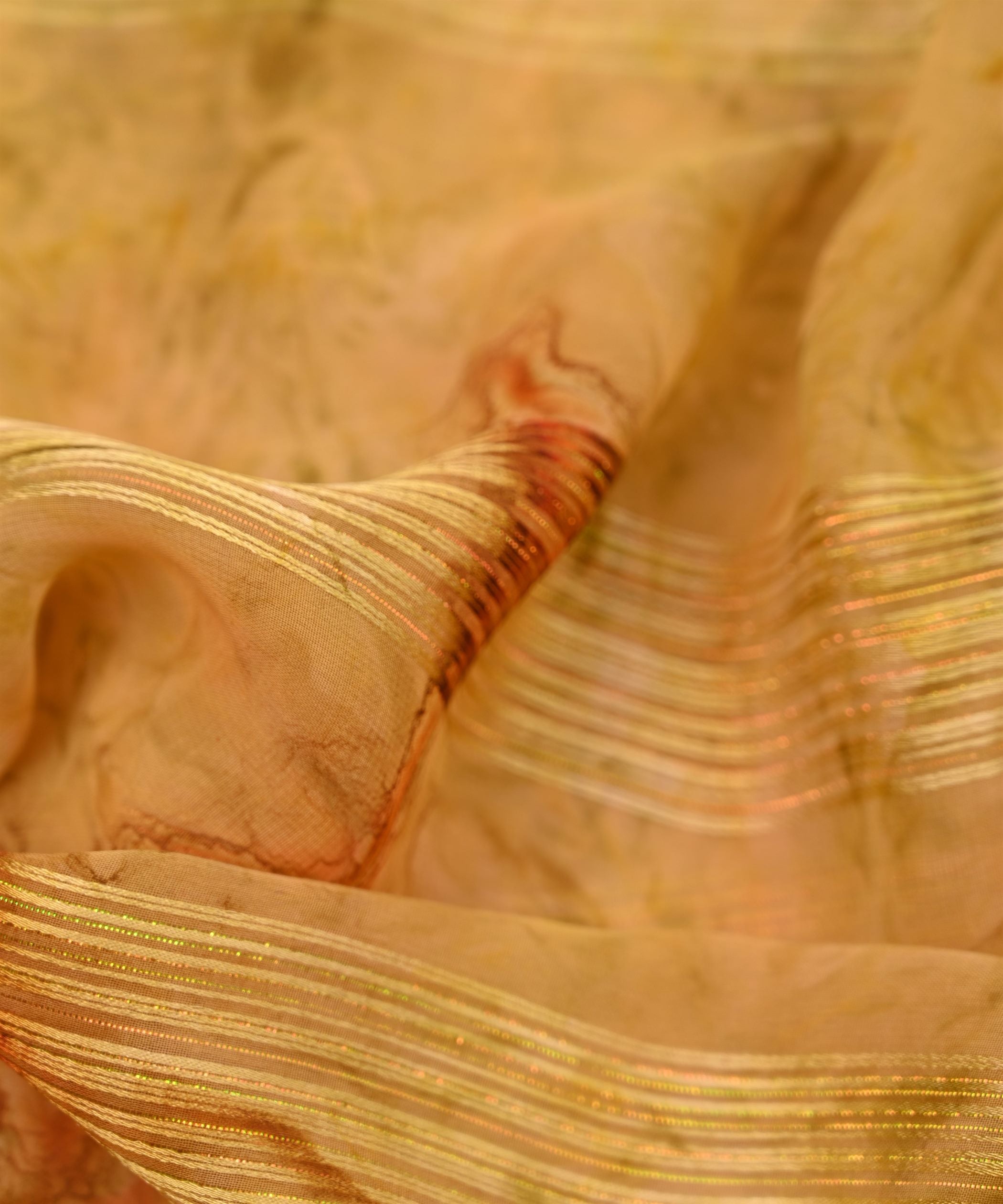 Gold Yellow Georgette Fabric with Satin Stripes and Shibori