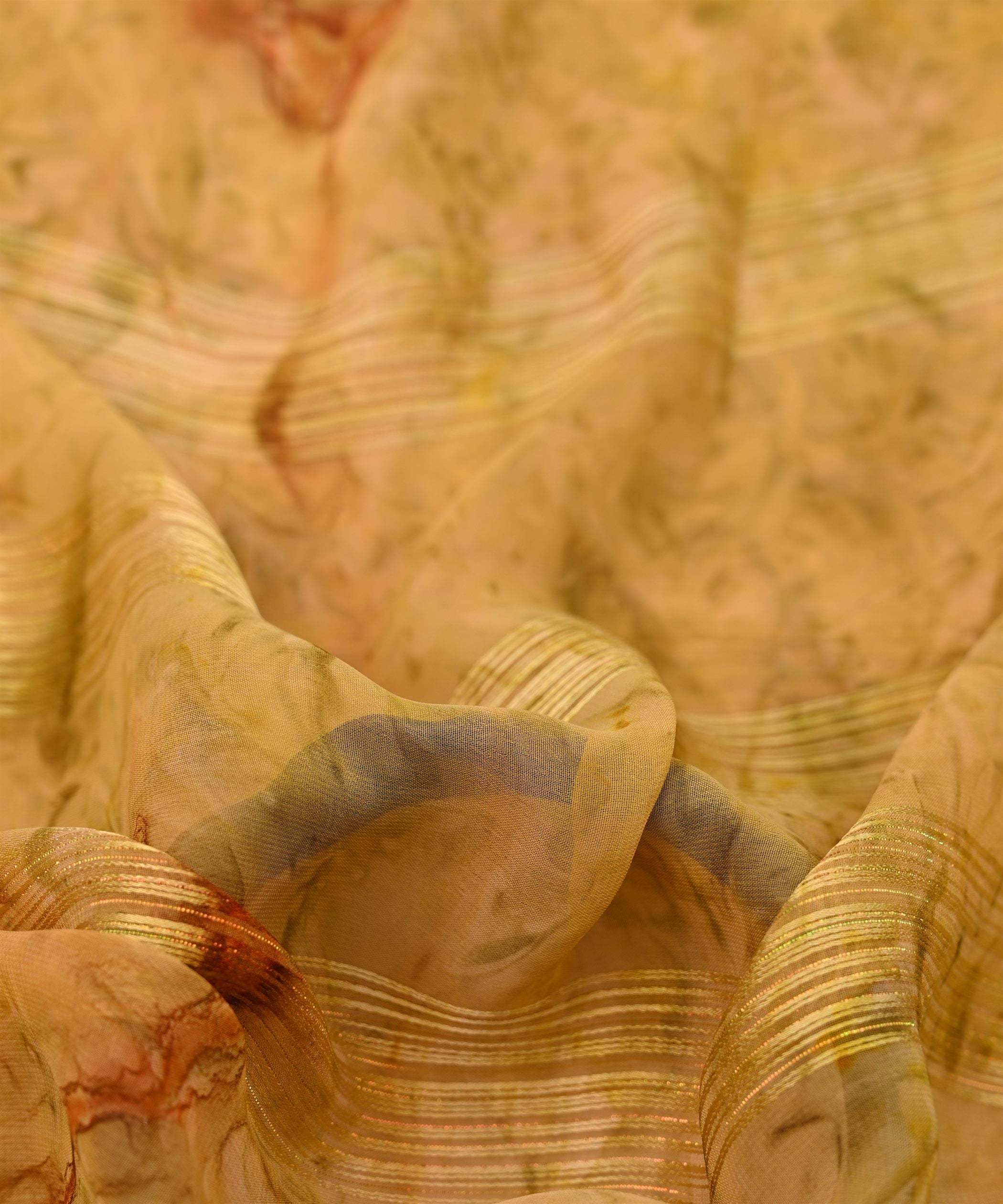 Gold Yellow Georgette Fabric with Satin Stripes and Shibori