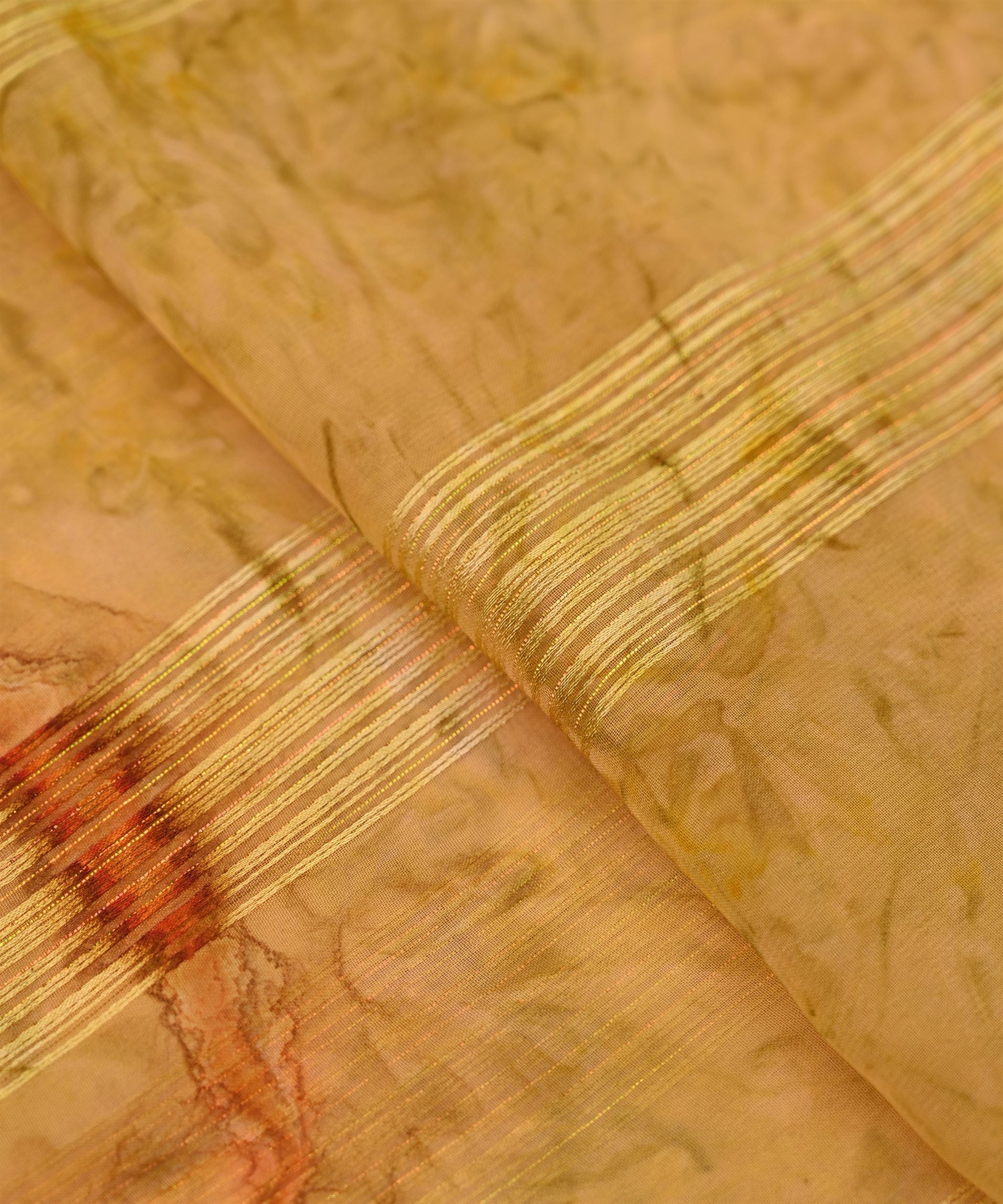 Gold Yellow Georgette Fabric with Satin Stripes and Shibori