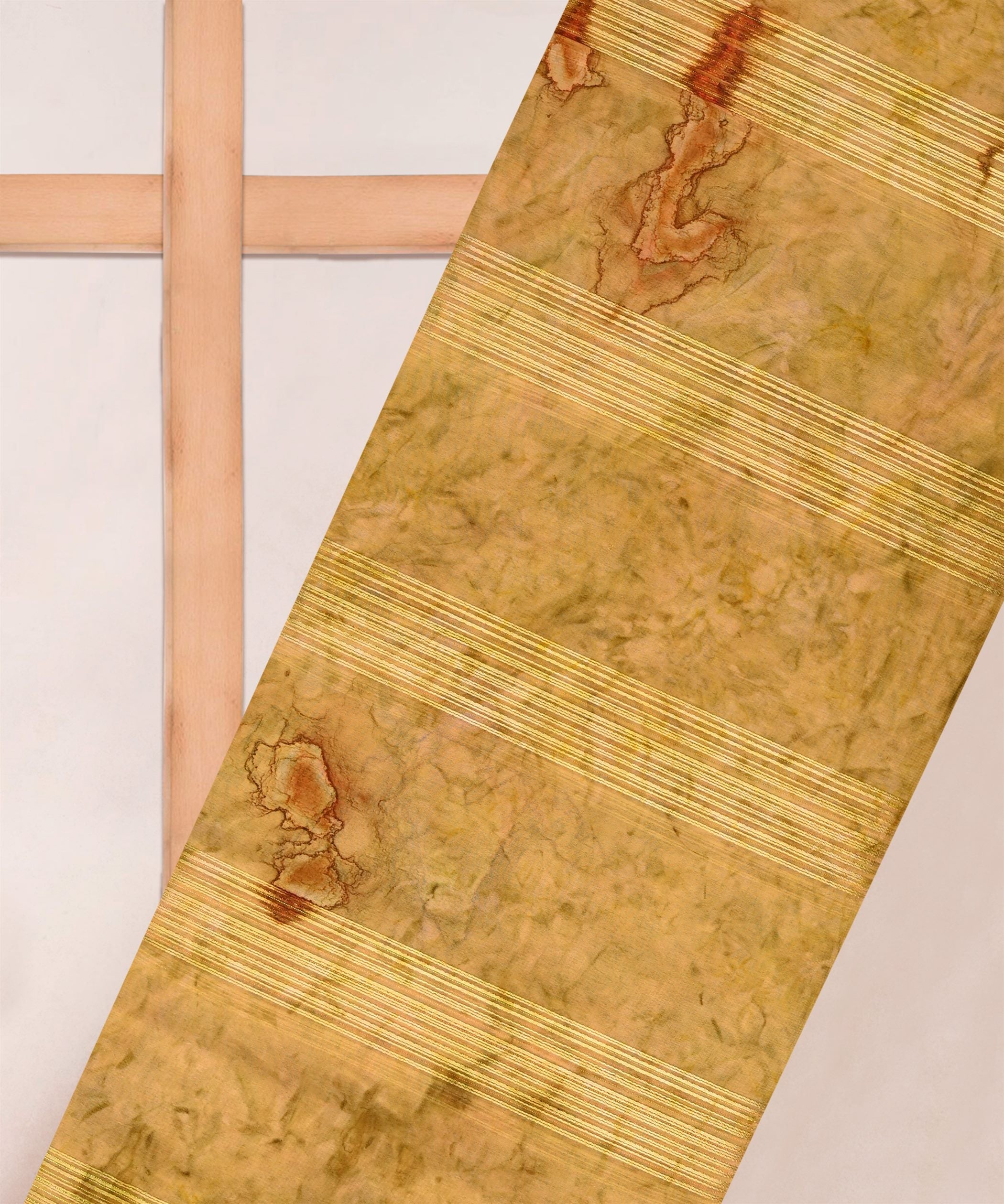 Gold Yellow Georgette Fabric with Satin Stripes and Shibori