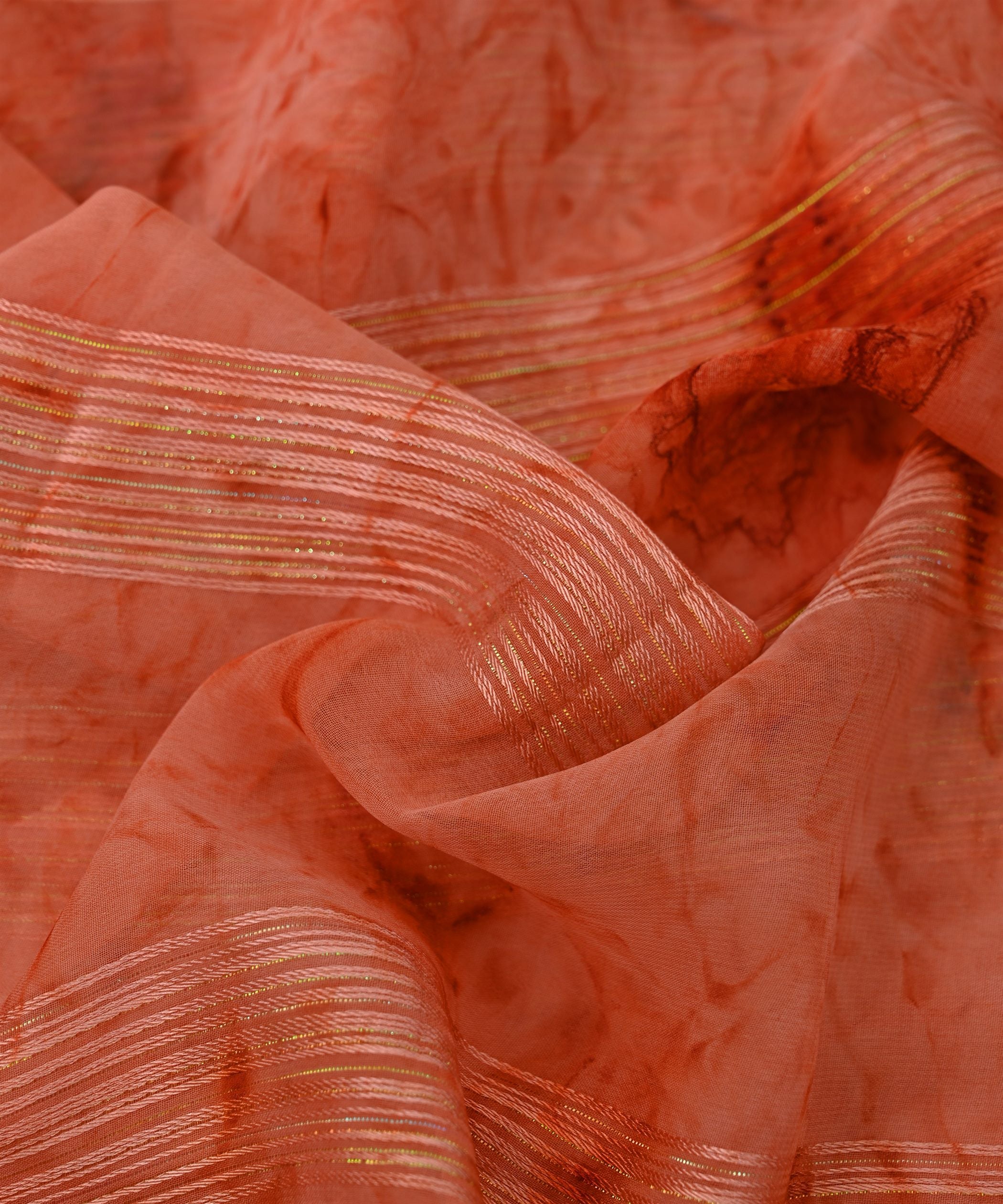 Orange Georgette Fabric with Satin Stripes and Shibori