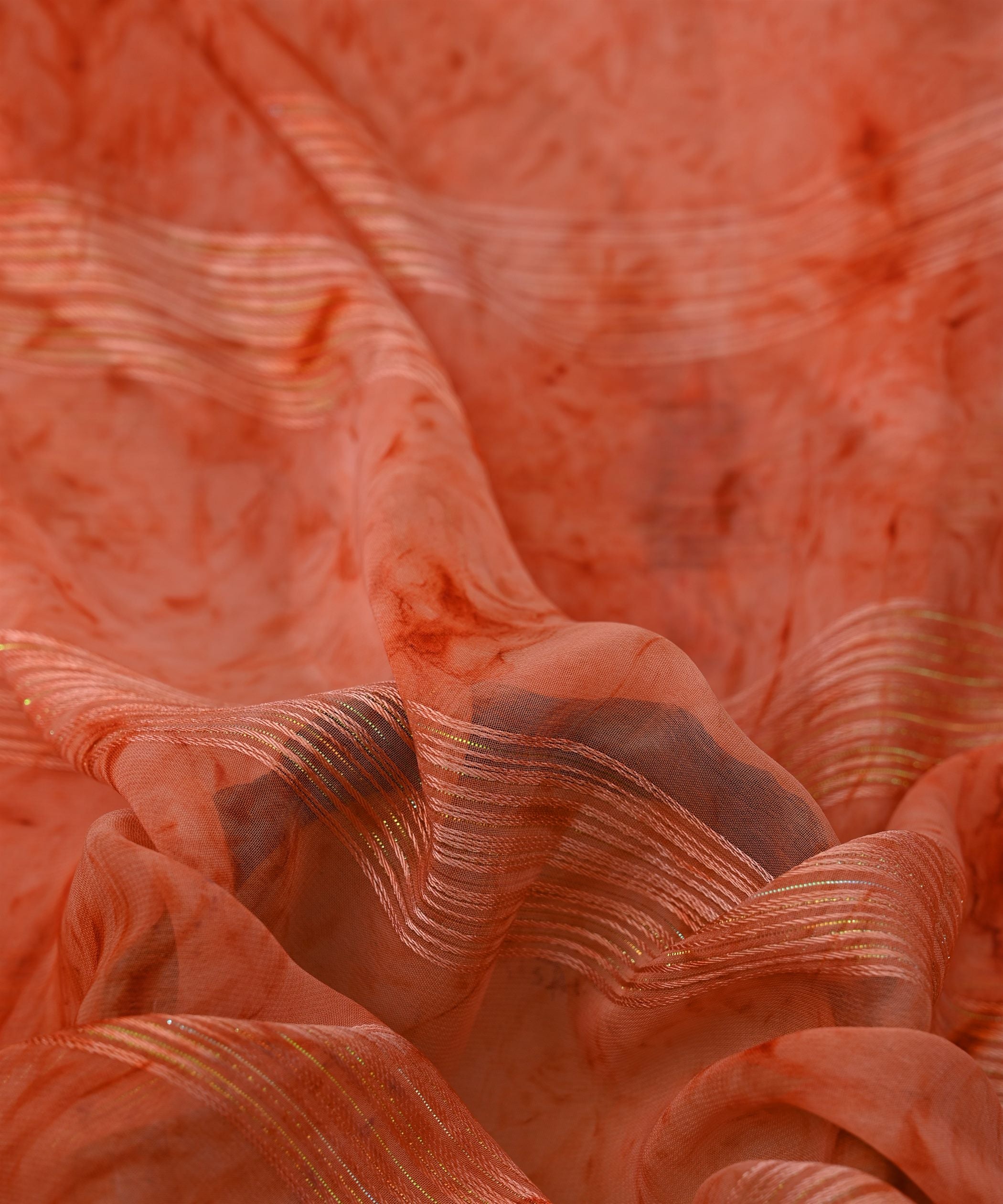 Orange Georgette Fabric with Satin Stripes and Shibori