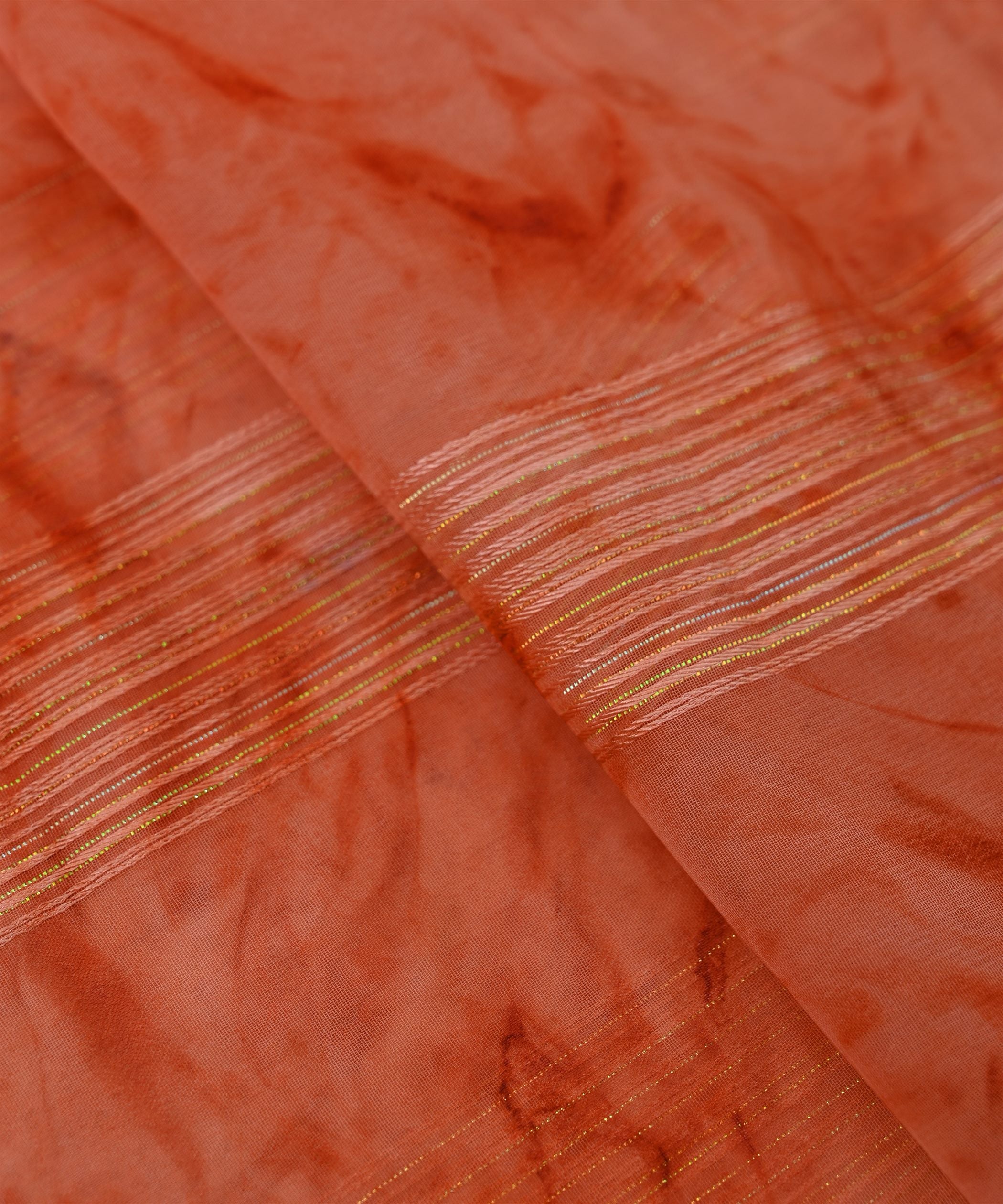 Orange Georgette Fabric with Satin Stripes and Shibori