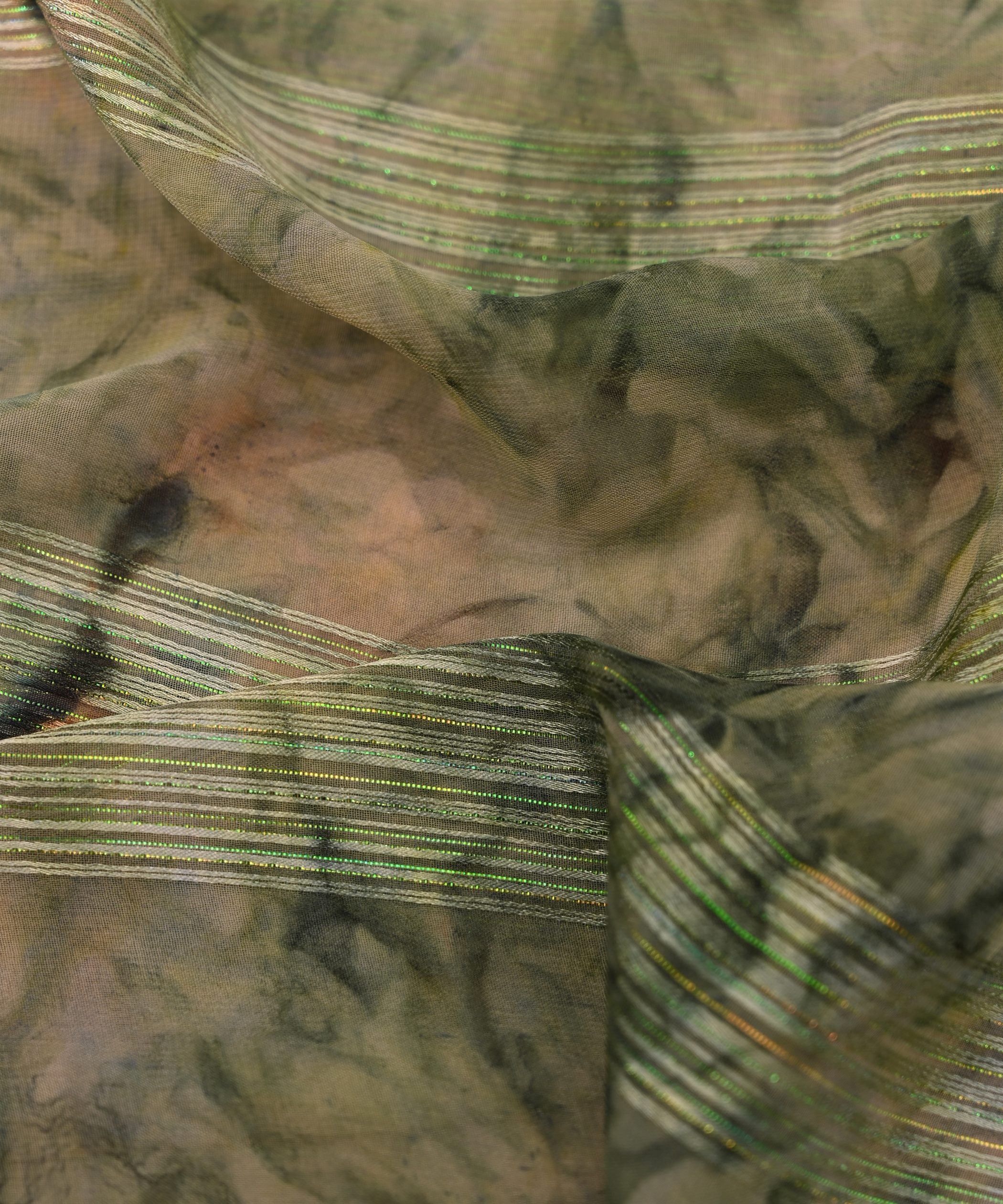 Pista Green Georgette Fabric with Satin Stripes and Shibori