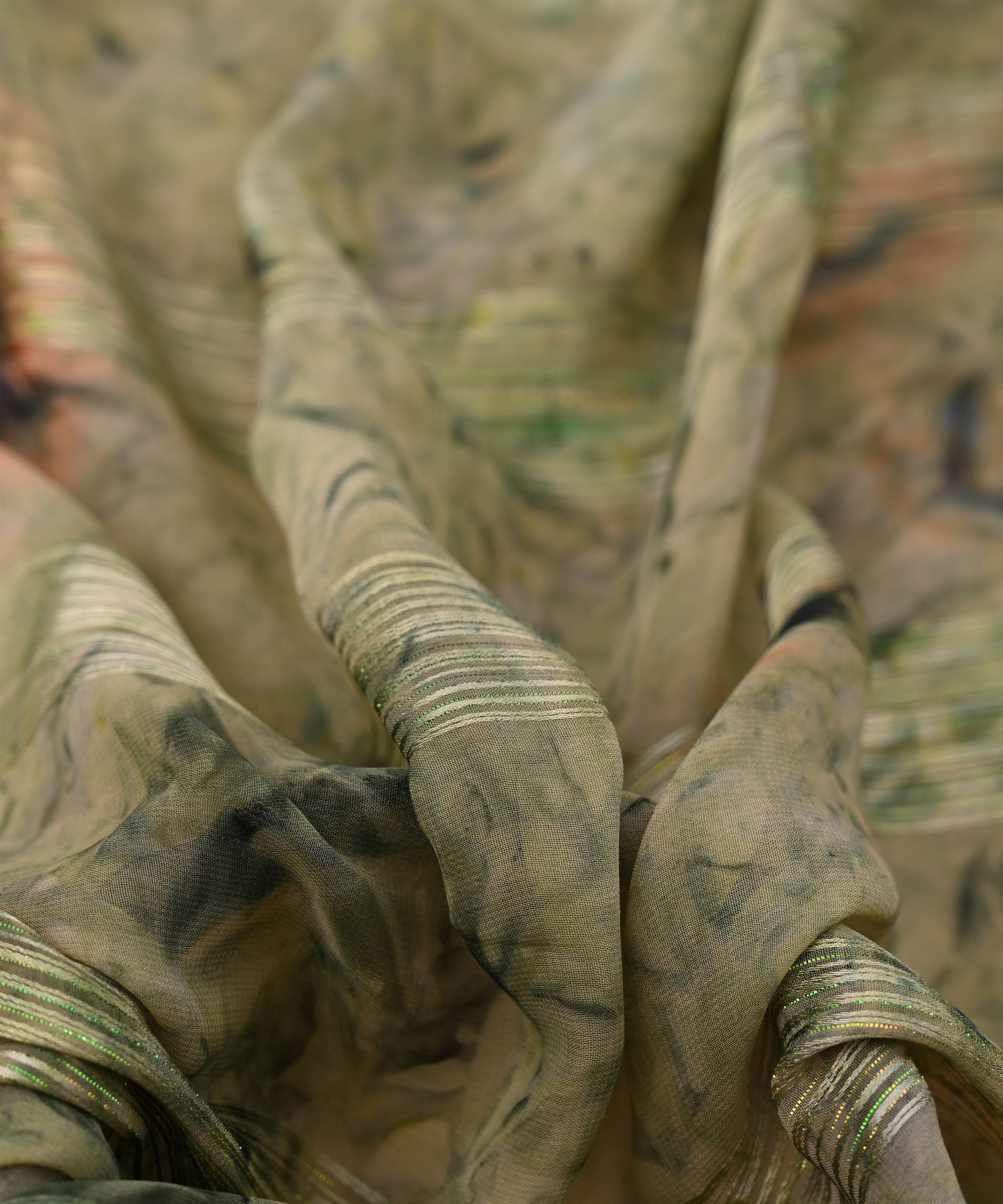 Pista Green Georgette Fabric with Satin Stripes and Shibori