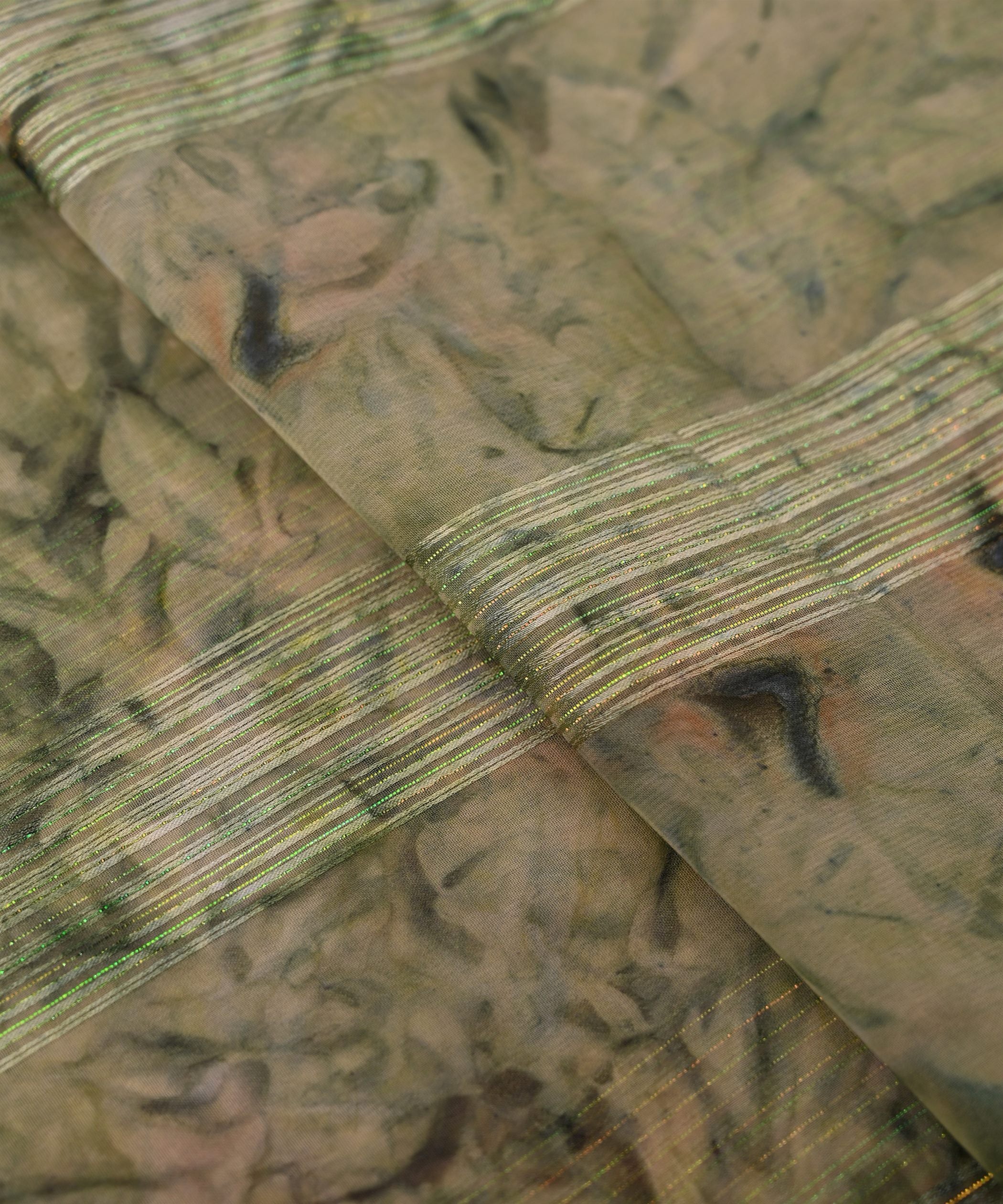 Pista Green Georgette Fabric with Satin Stripes and Shibori