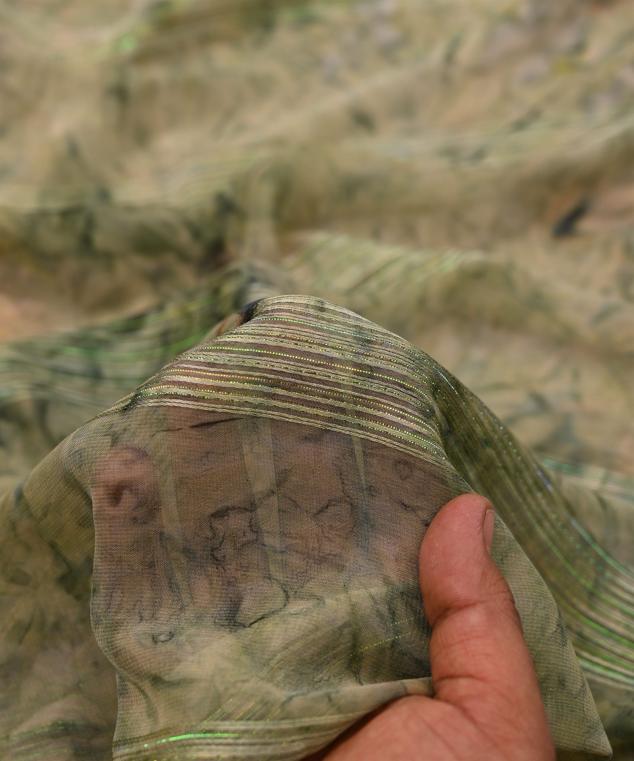 Pista Green Georgette Fabric with Satin Stripes and Shibori