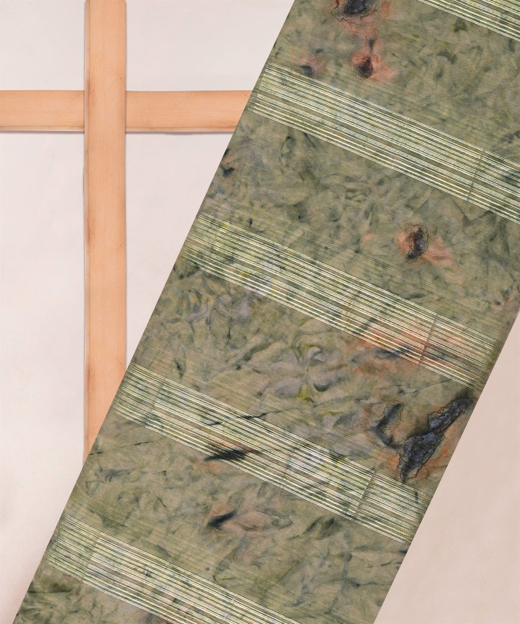 Pista Green Georgette Fabric with Satin Stripes and Shibori