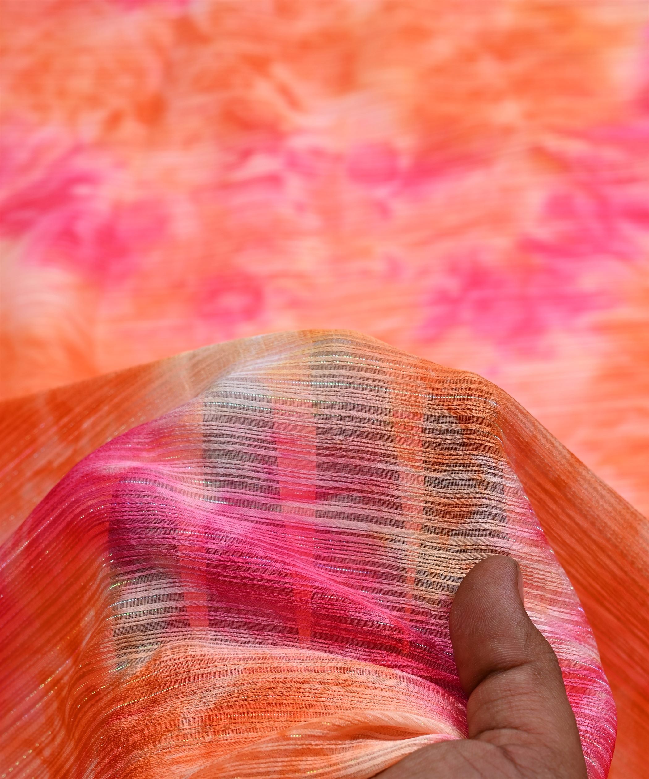 Orange & Gajri Tie and Dye Georgette Fabric with Zari Lining