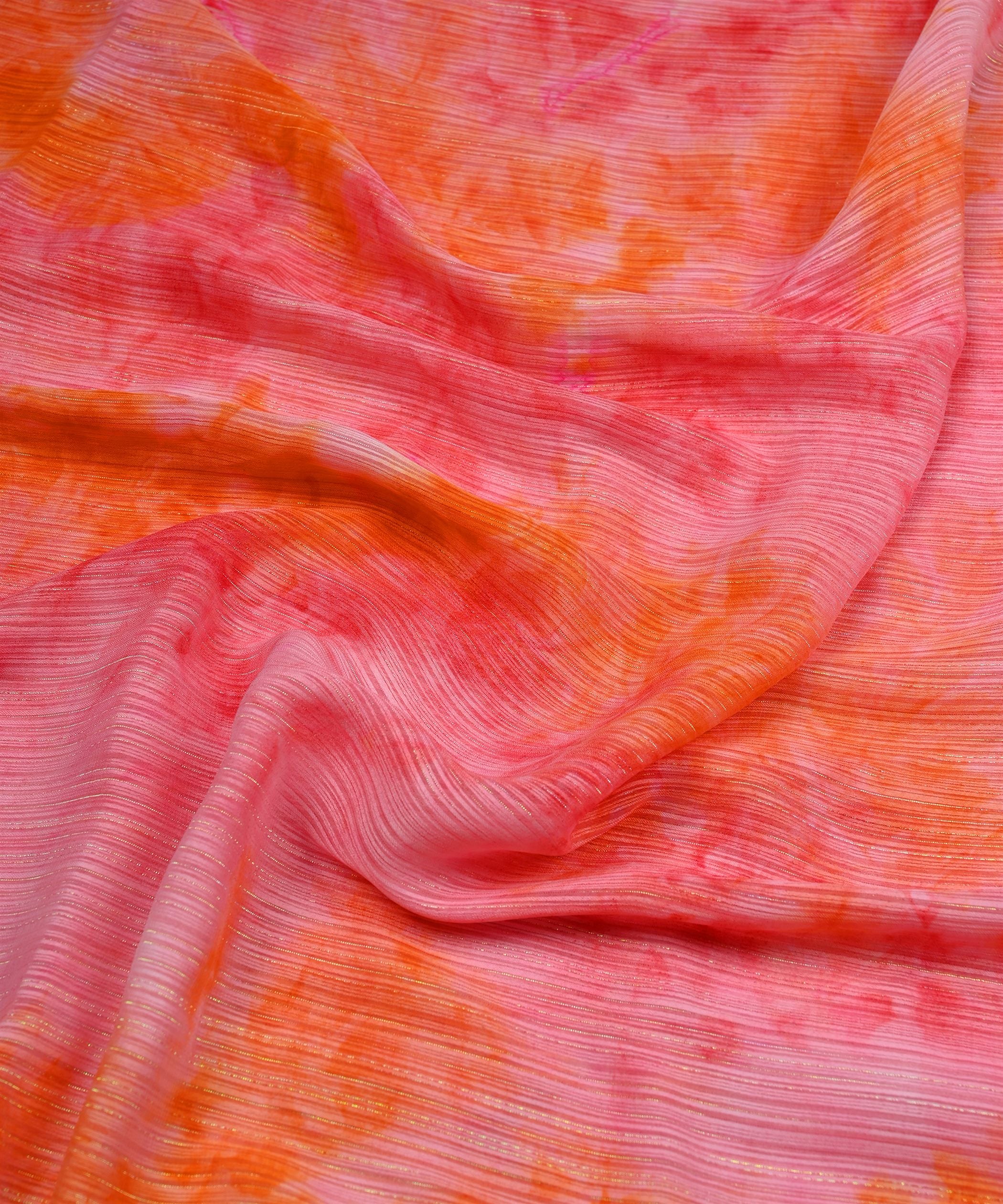 Red & Orange Tie and Dye Georgette Fabric with Zari Lining