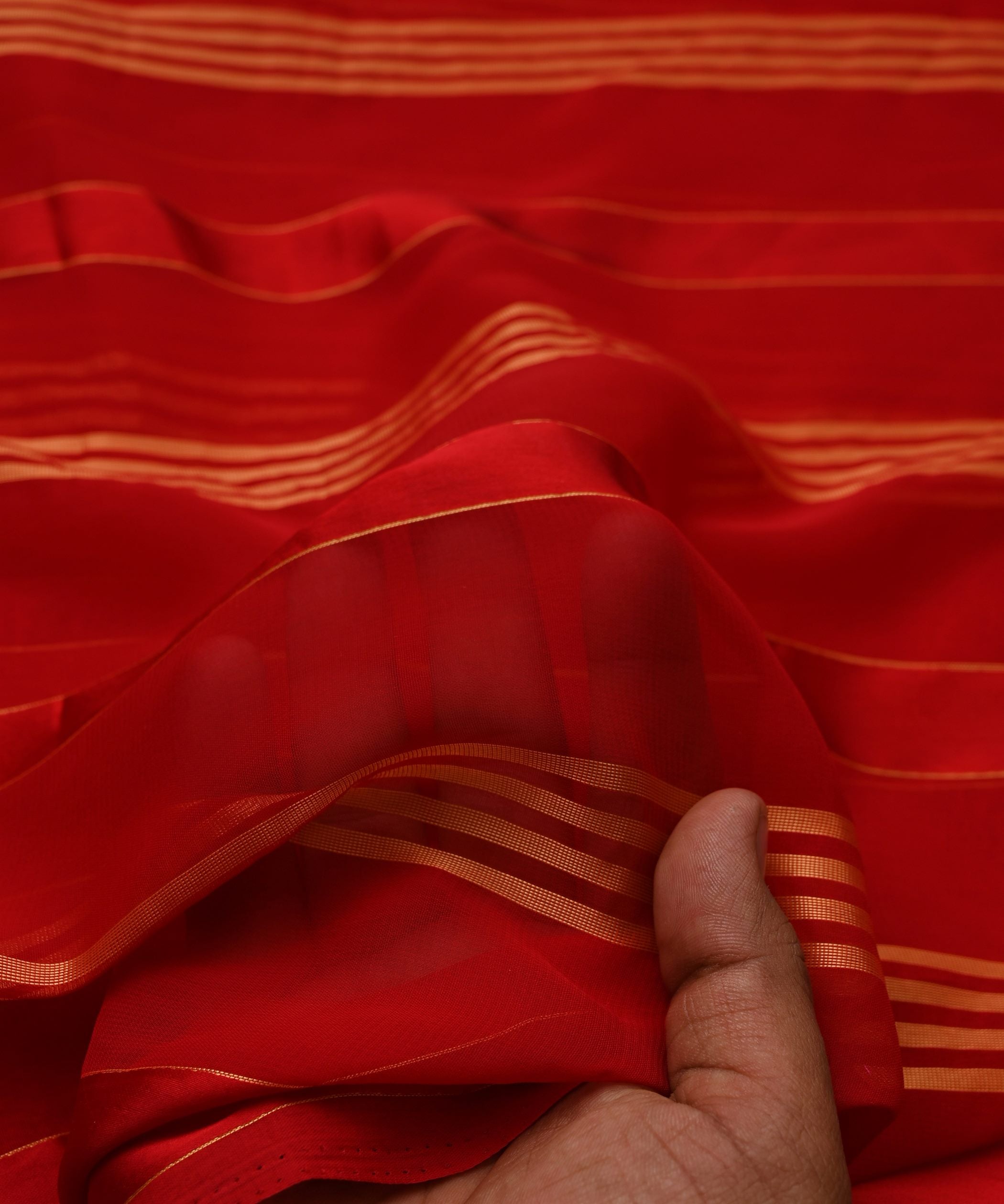 Blood Red Georgette Fabric with Gold and Satin Stripes