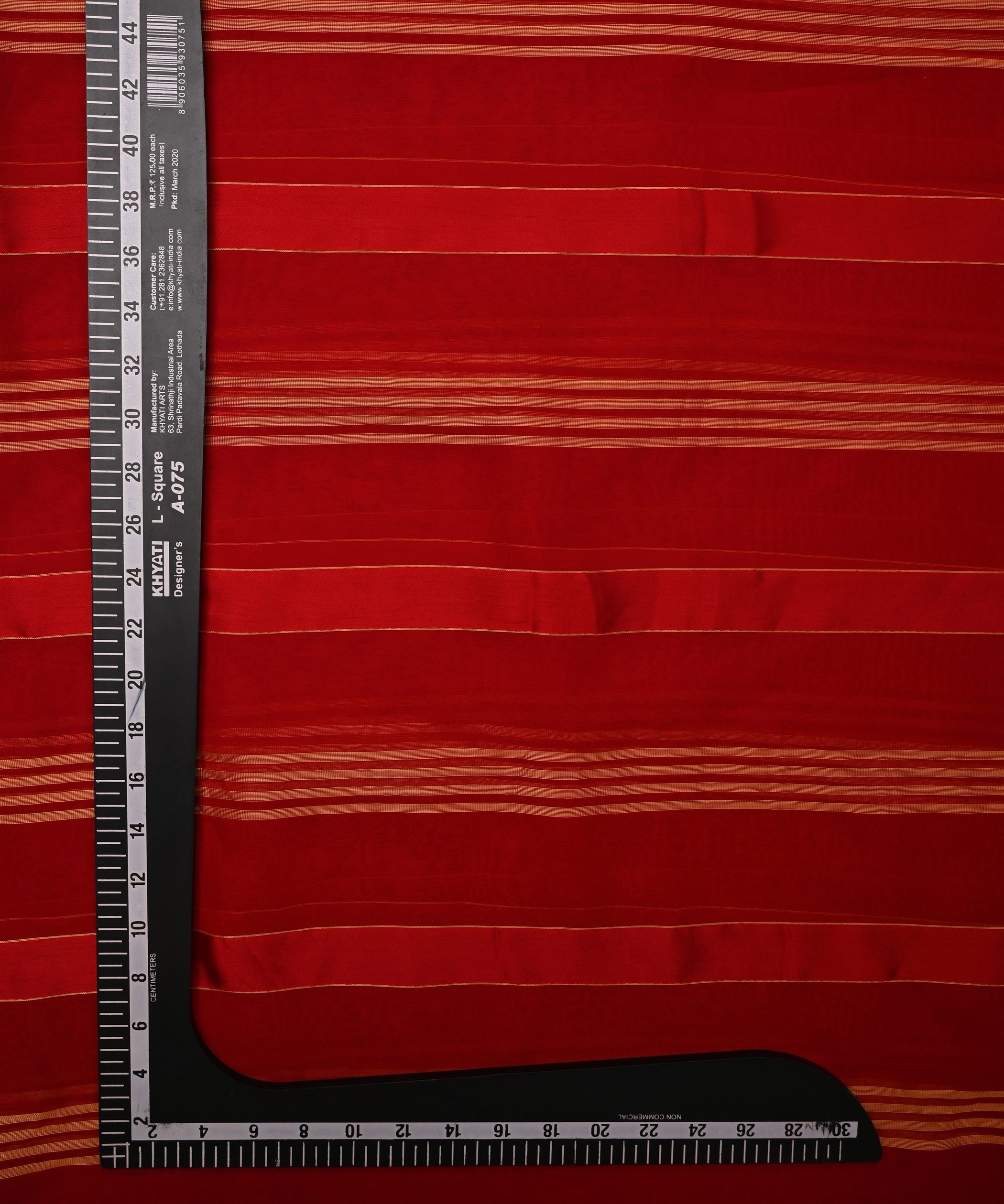 Blood Red Georgette Fabric with Gold and Satin Stripes