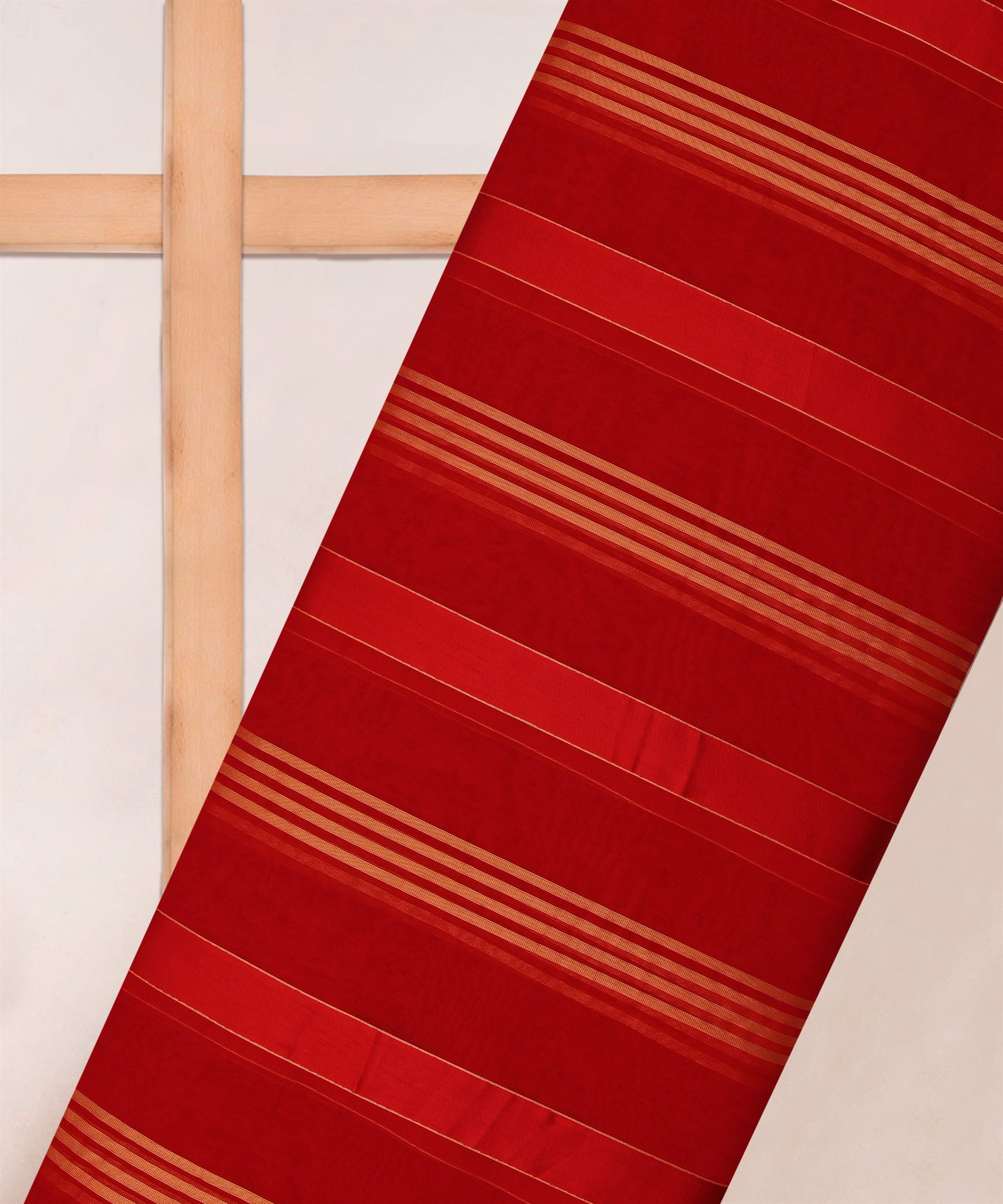 Blood Red Georgette Fabric with Gold and Satin Stripes